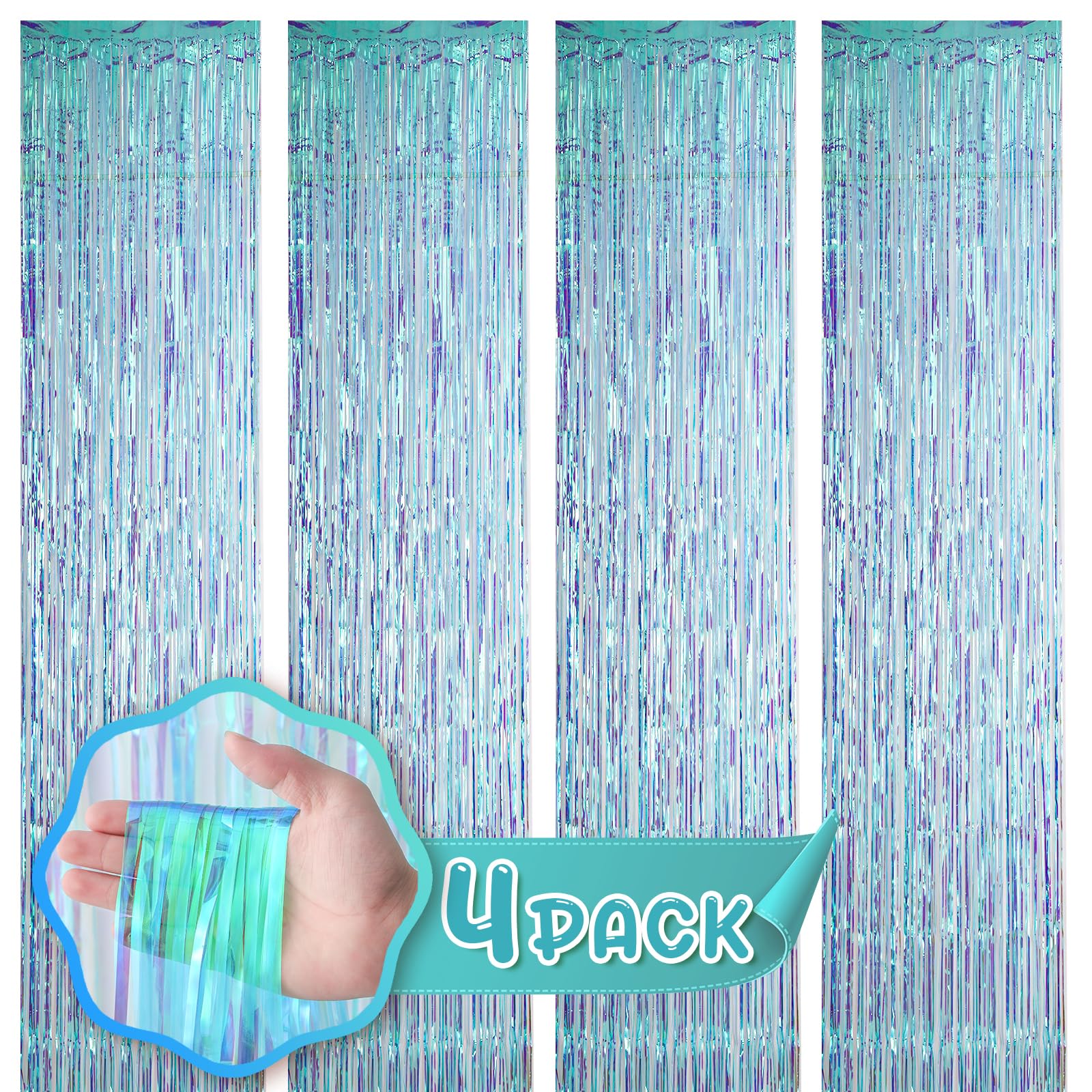 Voircoloria 4 Pack 3.3X8.2 Feet Neon Iridescent Foil Fringe Backdrop Curtains, Tinsel Streamers Birthday Party Decorations, Frin