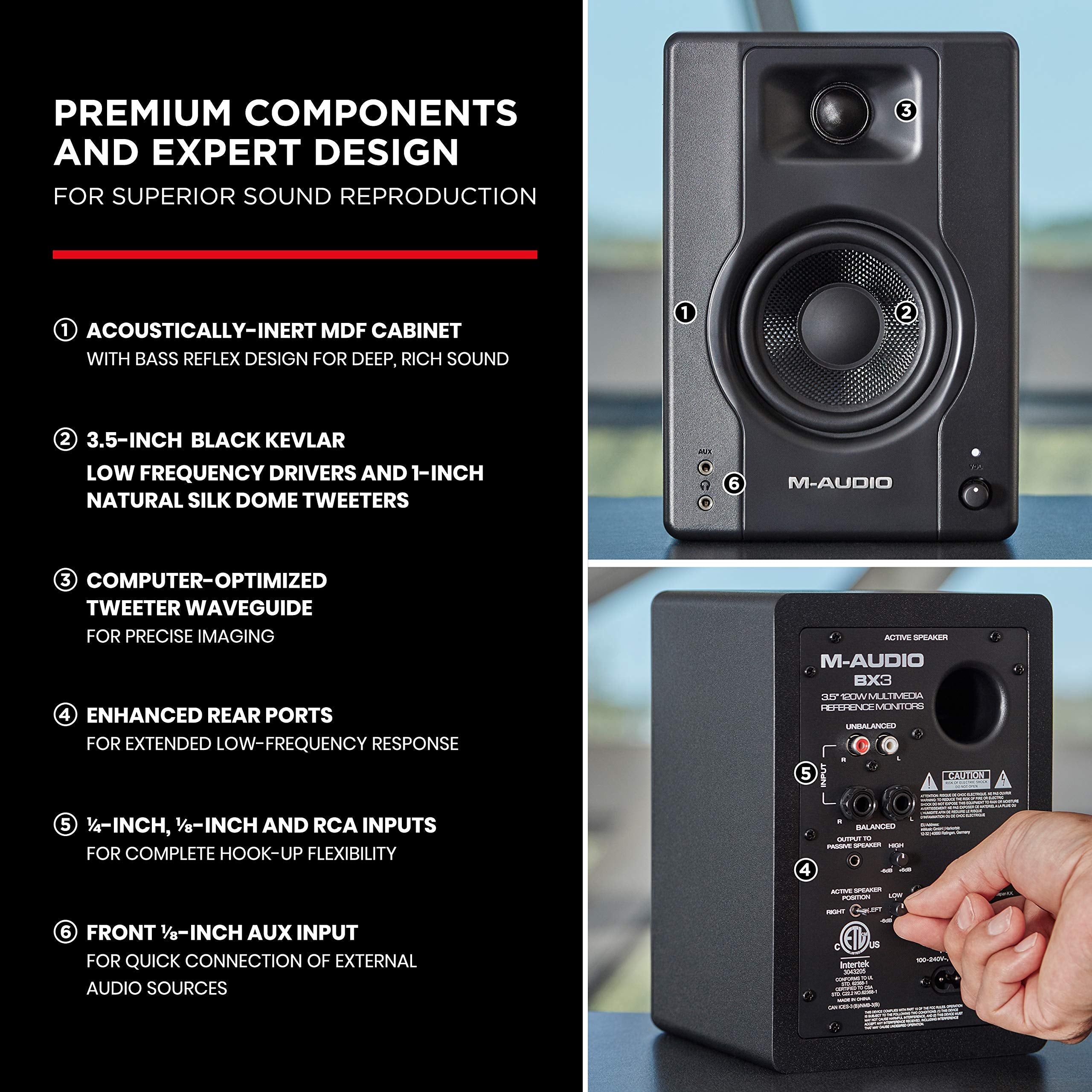 M Audio Bx3 3.5'' Studio Monitors, Hd Pc Speakers For Recording And Multimedia With Music Production Software, 120W, Pair, Black