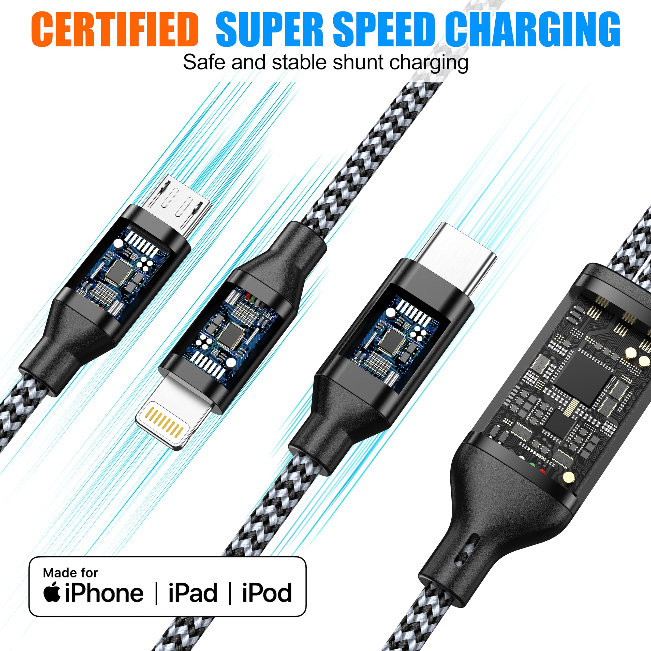 Lightning Cable 3 In 1 Multi Charging Cord 2Pack 4Ft Nylon Braided Multiple Iphone Charger Wire Mfi Certified Universal For Appl