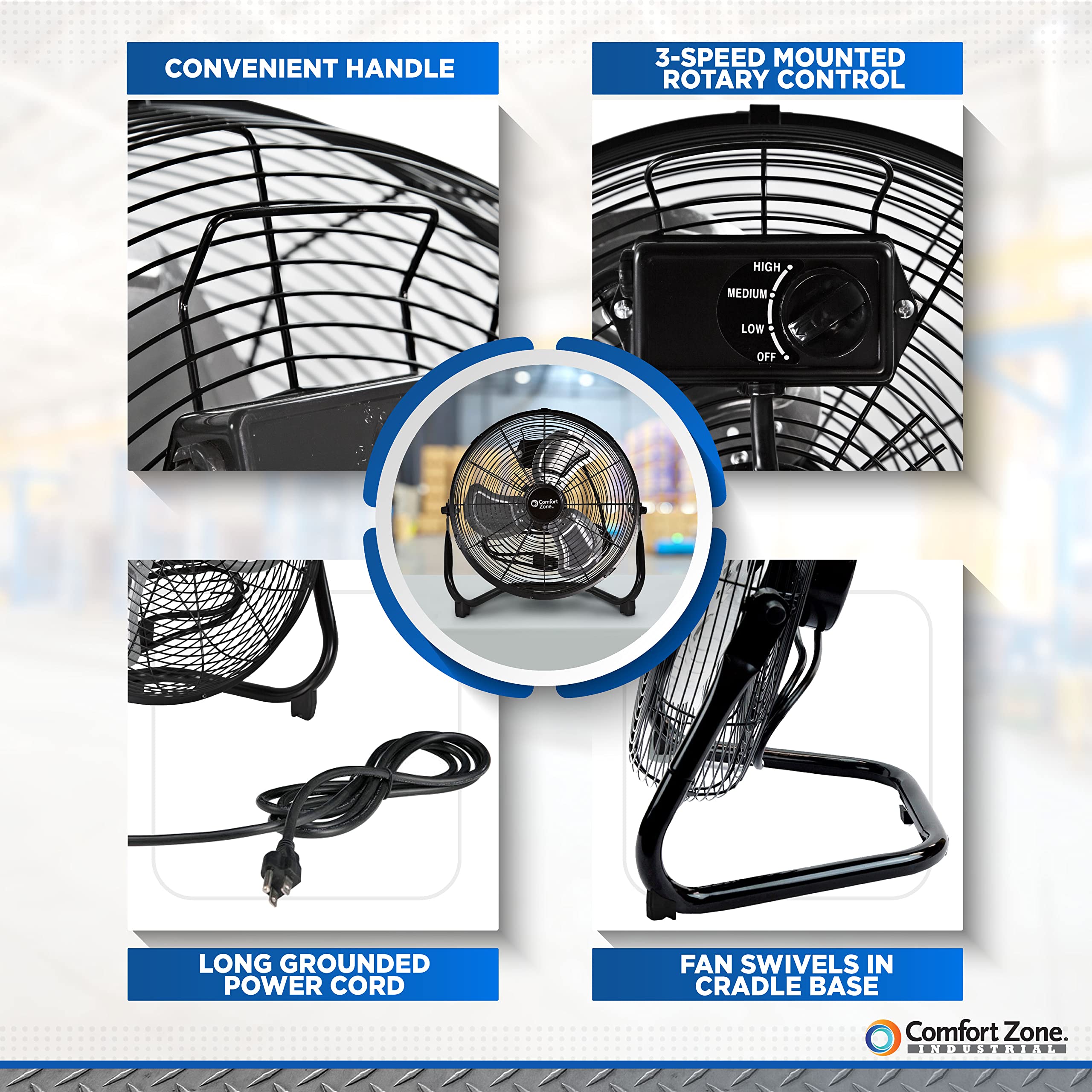 Comfort Zone Cradle Floor Fan, Electric, High Velocity,180 Degree Adjustable Tilt, 14 Inch, 3 Speed, Carry Handle, Rubber Feet,
