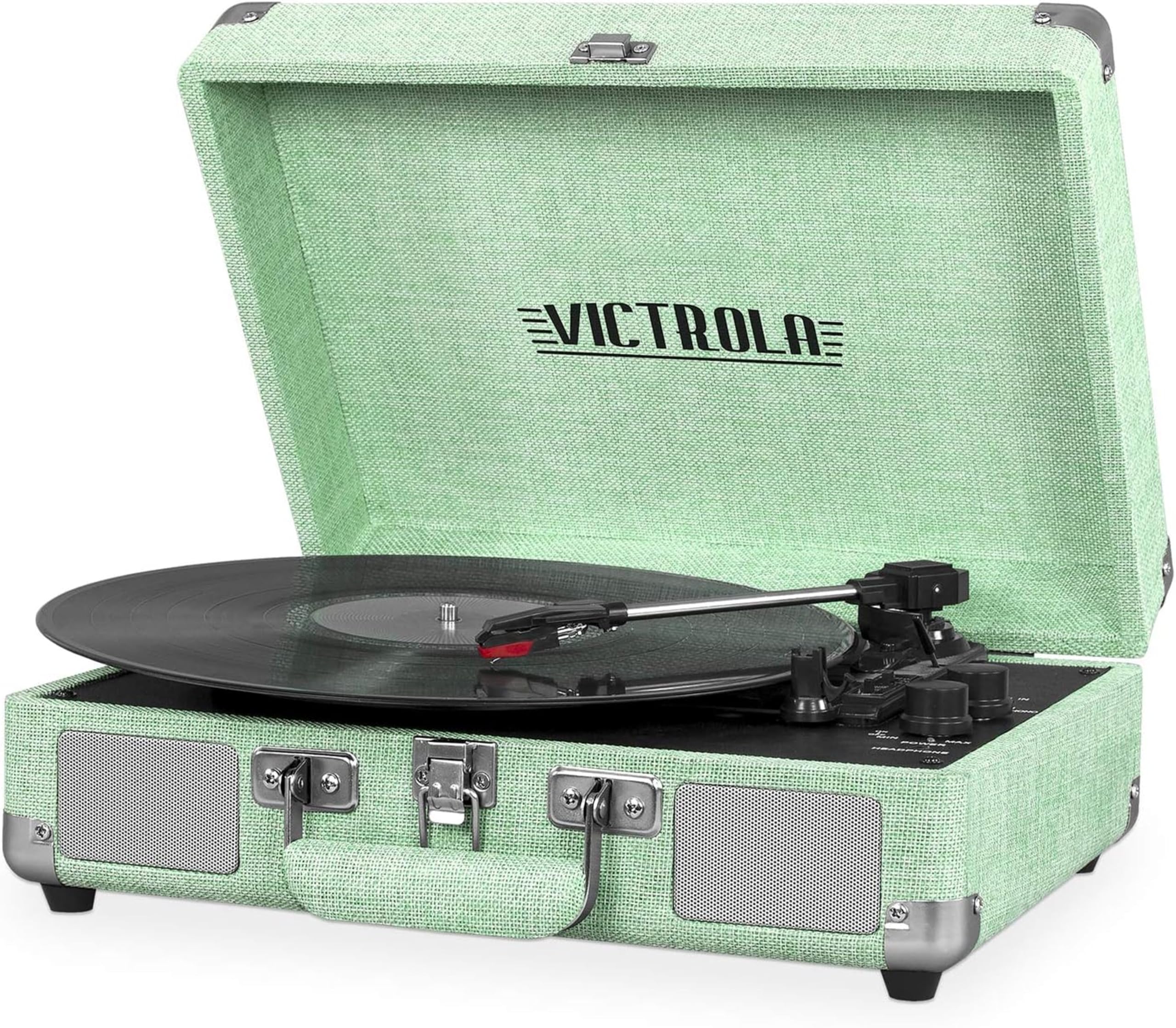 Victrola Journey Bluetooth Portable Suitcase Record Player - with Built-in Speakers  3 Speed Vinyl Record Player  RCA Out  Headphone Jack (Light Mint Green Linen)-New