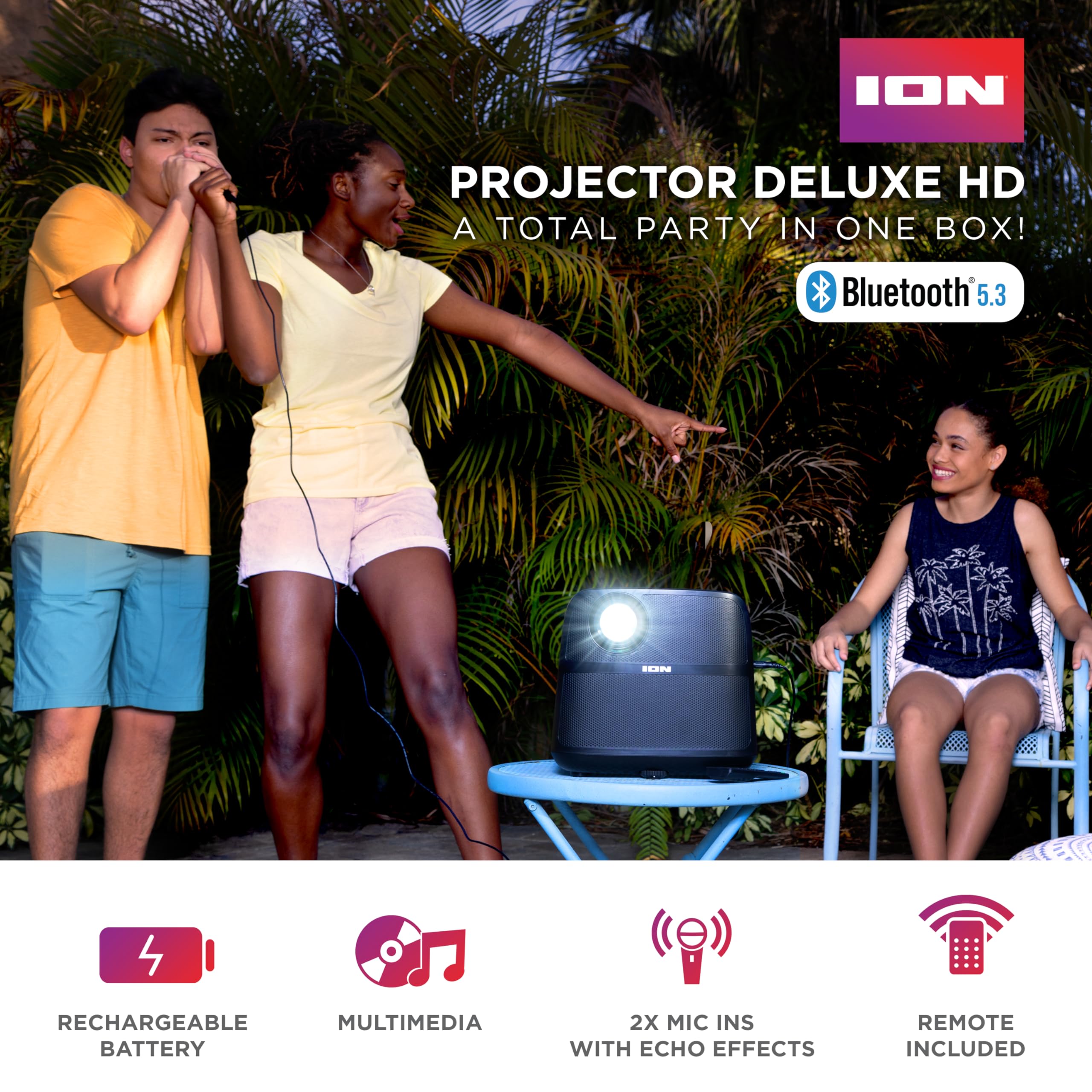 Ion Portable Outdoor Led Projector With 70W Speakers, Bluetooth, Rechargeable Battery, Mic, Usb And Hdmi Connections, 720P Hd