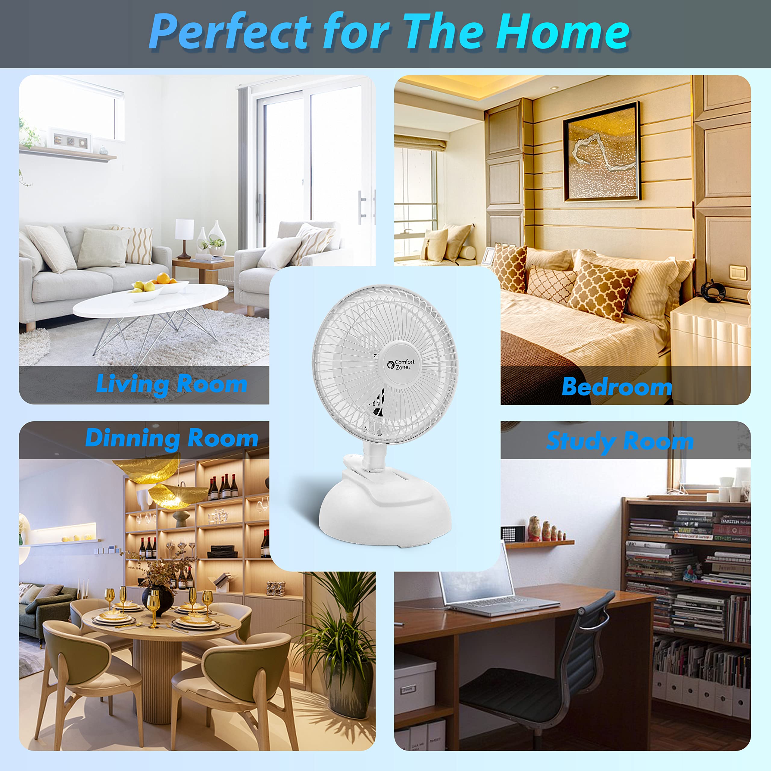 Comfort Zone Personal Clip Or Desk Fan With Removable Base, Portable, Mini Bedroom Fan, 6 Inch, 2 Speed, Strong Clamp, Firm Grip