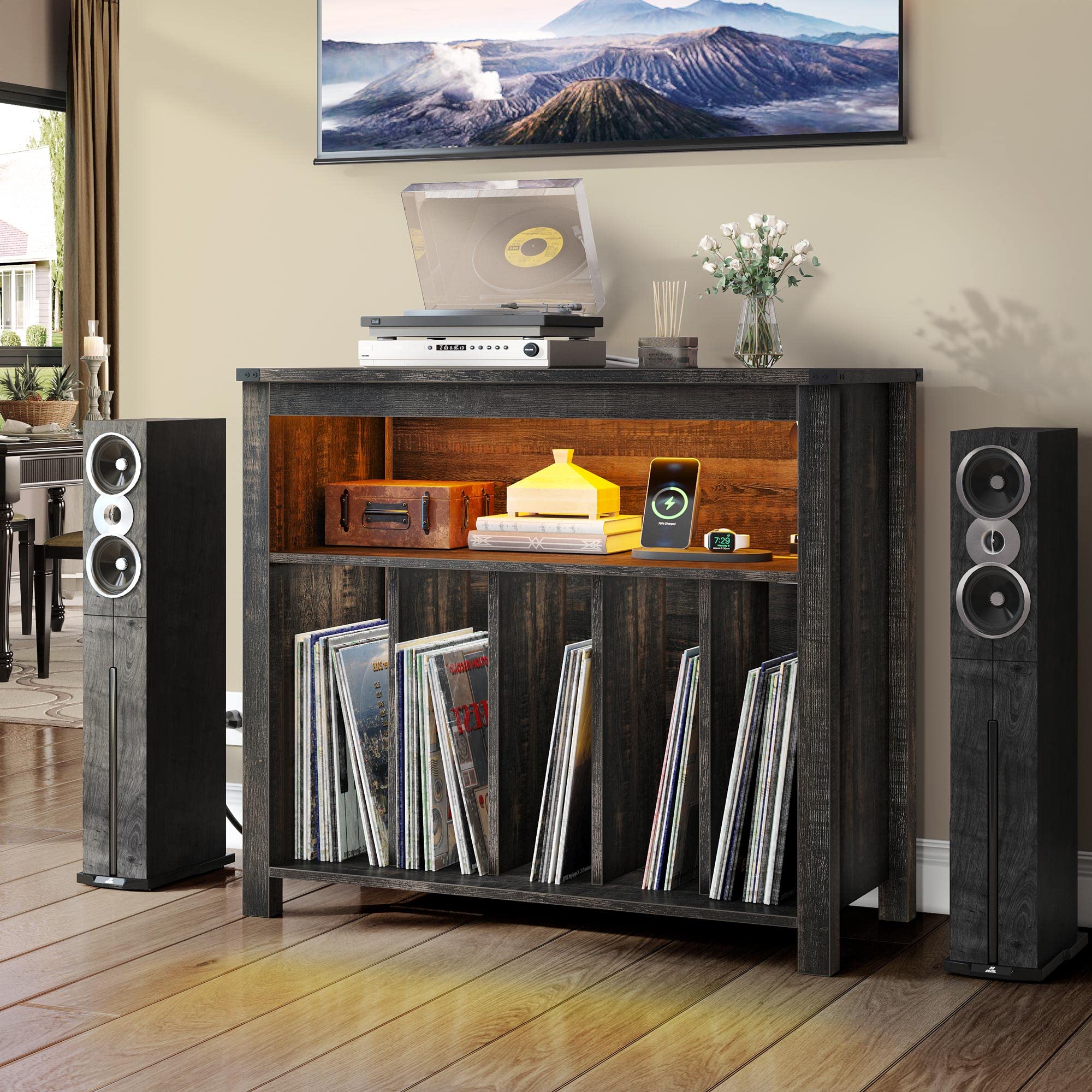 Yitahome Large Record Player Stand With Power Outlets & Led Lights, Vinyl Record Storage Table With Display Shelf Holds Up To 12