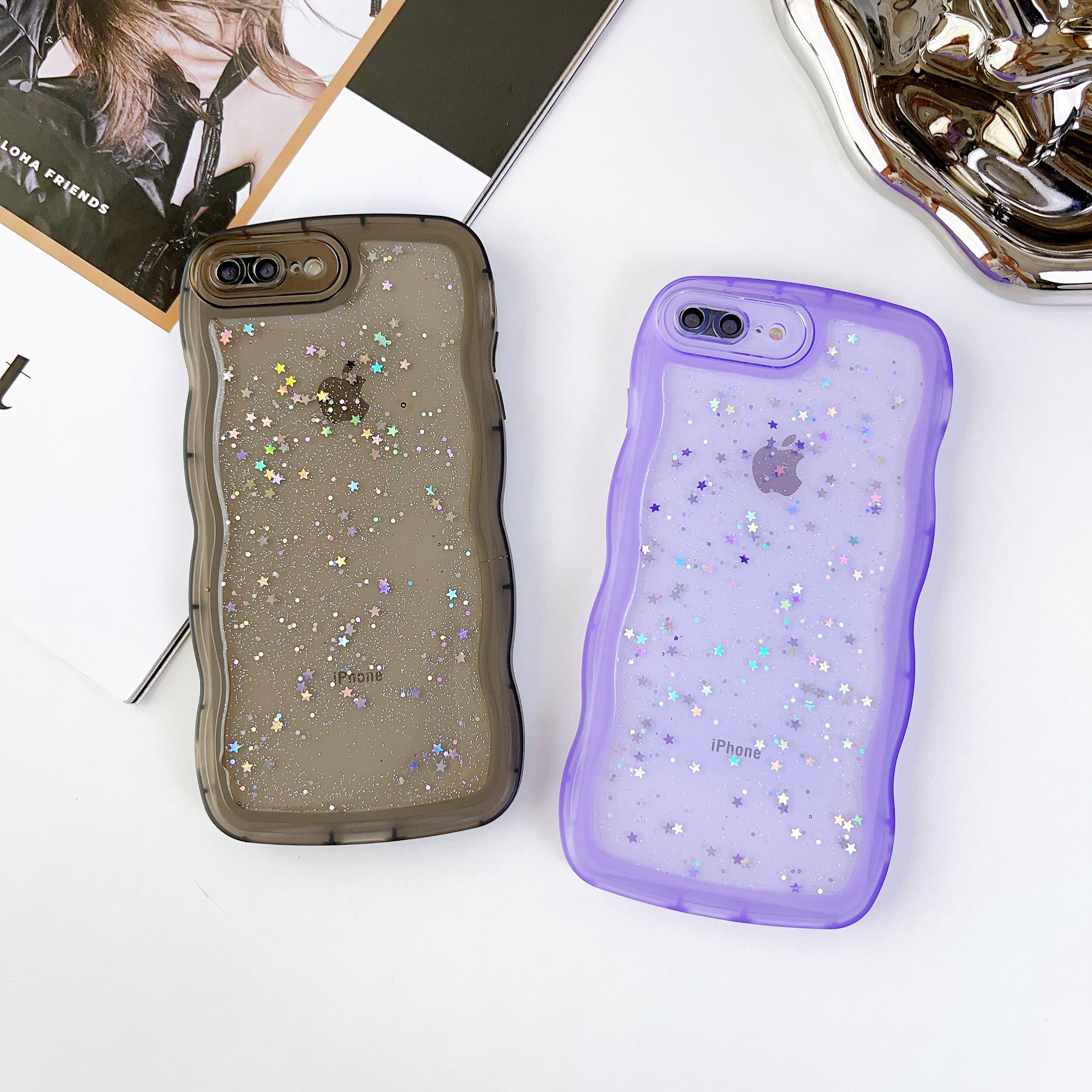 Qokey For Iphone Se Case,Iphone 8 Case,Iphone 7 Case,Cute Clear Glitter Curly Wave Design Case, Transparent Bling Shiny Protecti