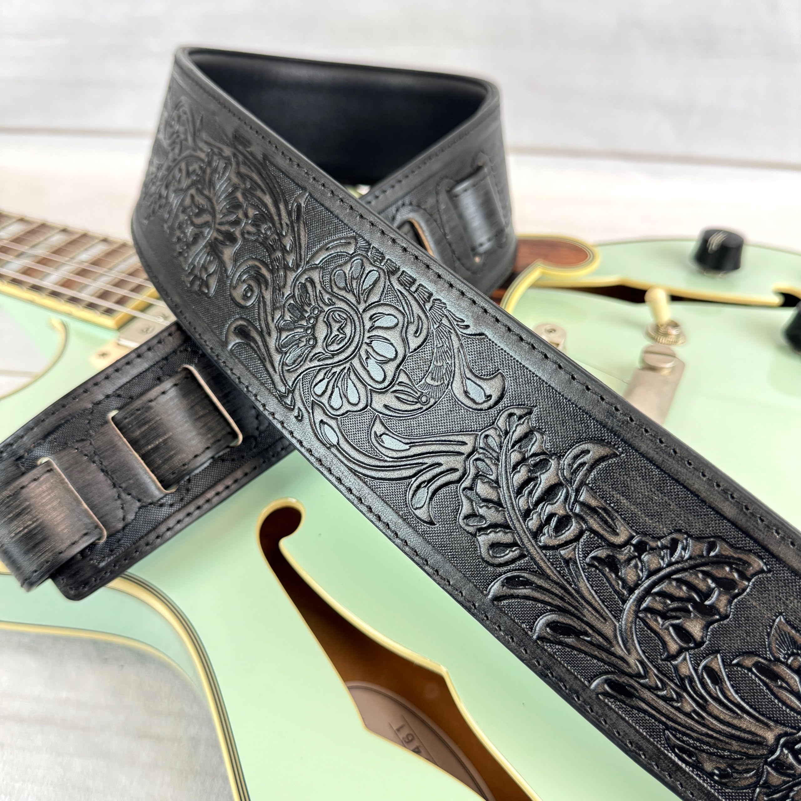 Walker & Williams Lif 02 Distressed Black Handmade Leather Padded Guitar Strap With Western Sheridan Tooling For Acoustic, Elect
