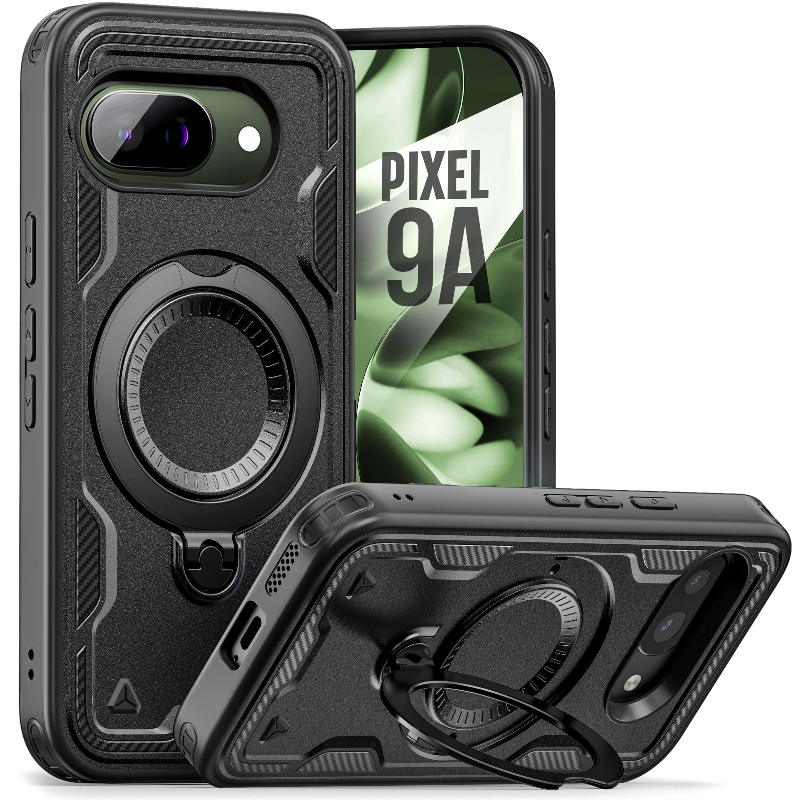 ENCASED for Google Pixel 9a Case, Ultra Protective Dual-Layer Phone Case with Rotating Magnetic Kickstand Ring (Compatible with 