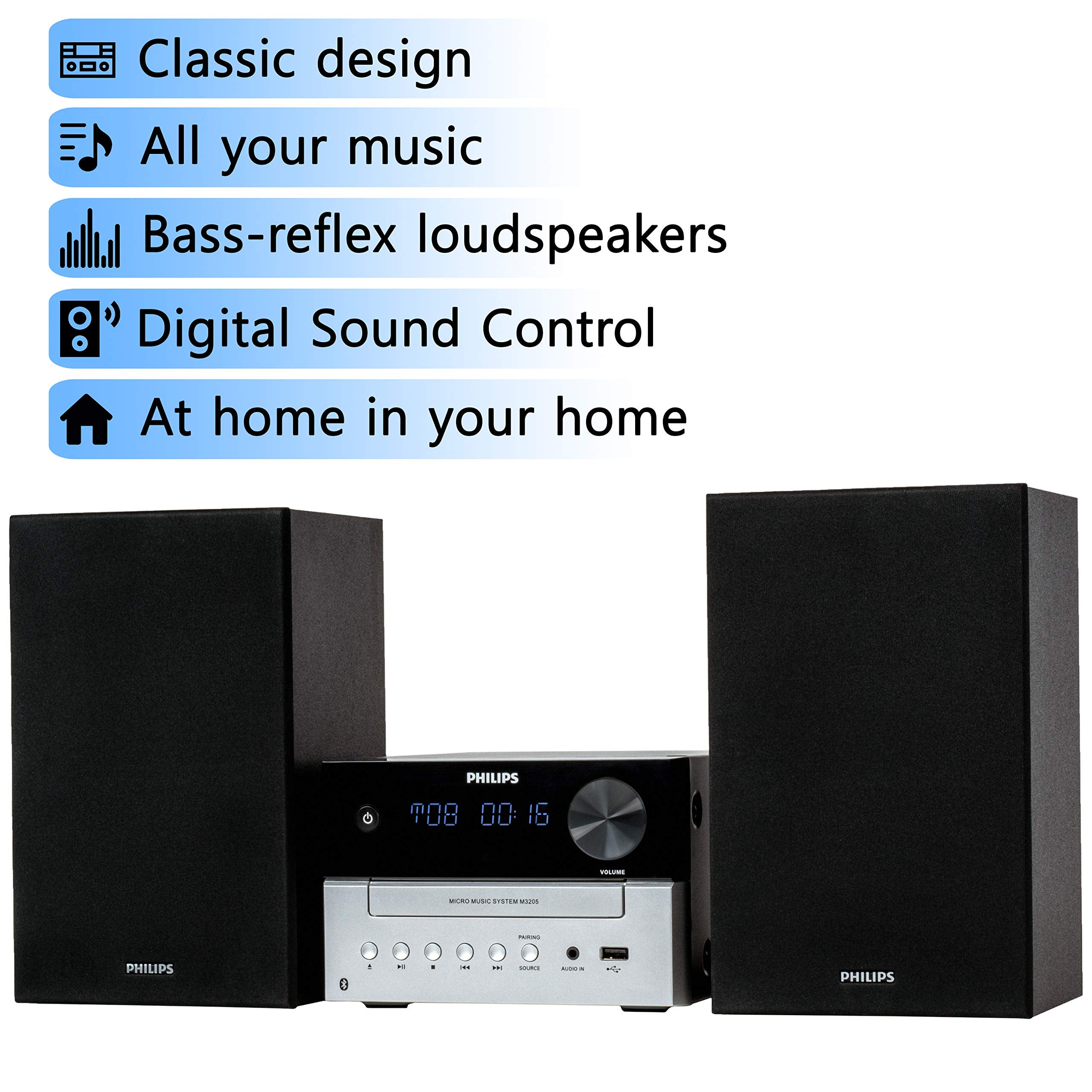 Philips Bluetooth Stereo System For Home With Cd Player, Wireless Streaming, Mp3, Usb, Audio In, Fm Radio, 15W, Micro Music Soun