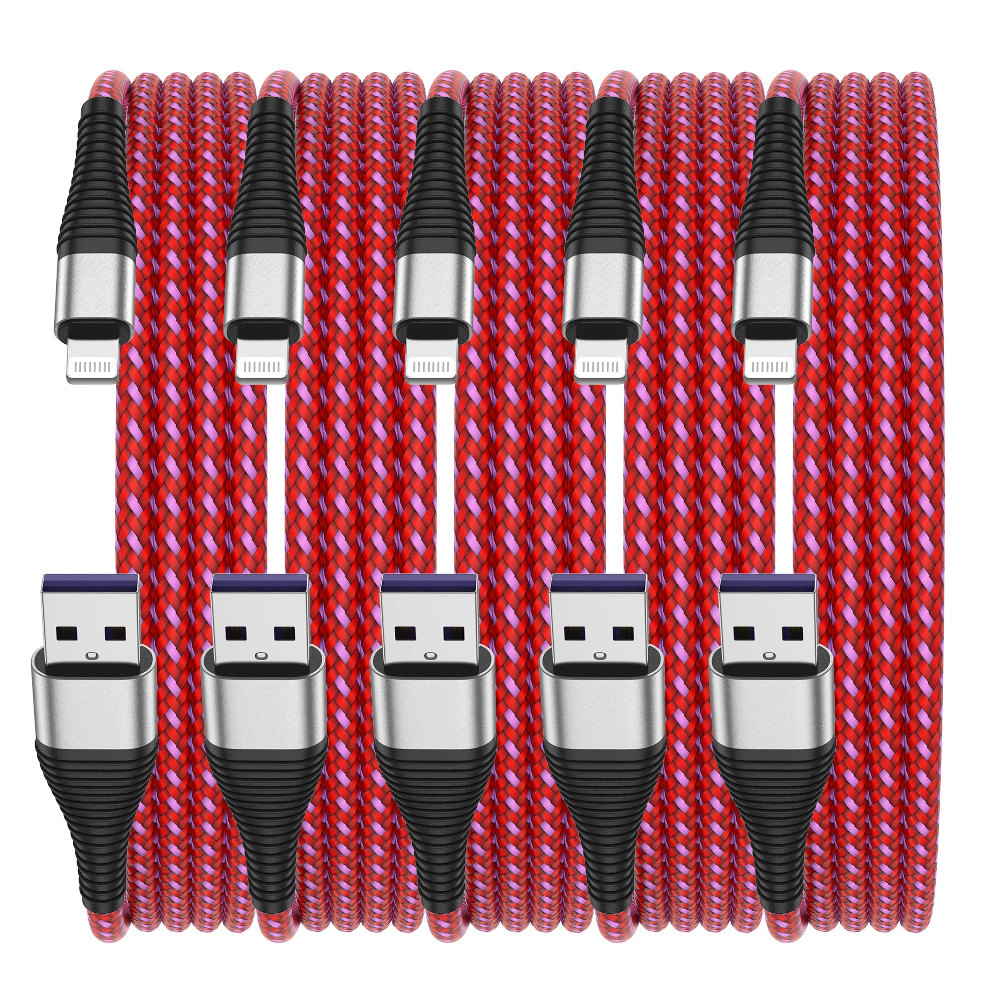 Grephone Iphone Charger Cable,5 Pack 3Ft [Mfi Certified] Extra Long Lightning Cable,Strong Nylon Braided 10 Foot Charging Cord (Red)