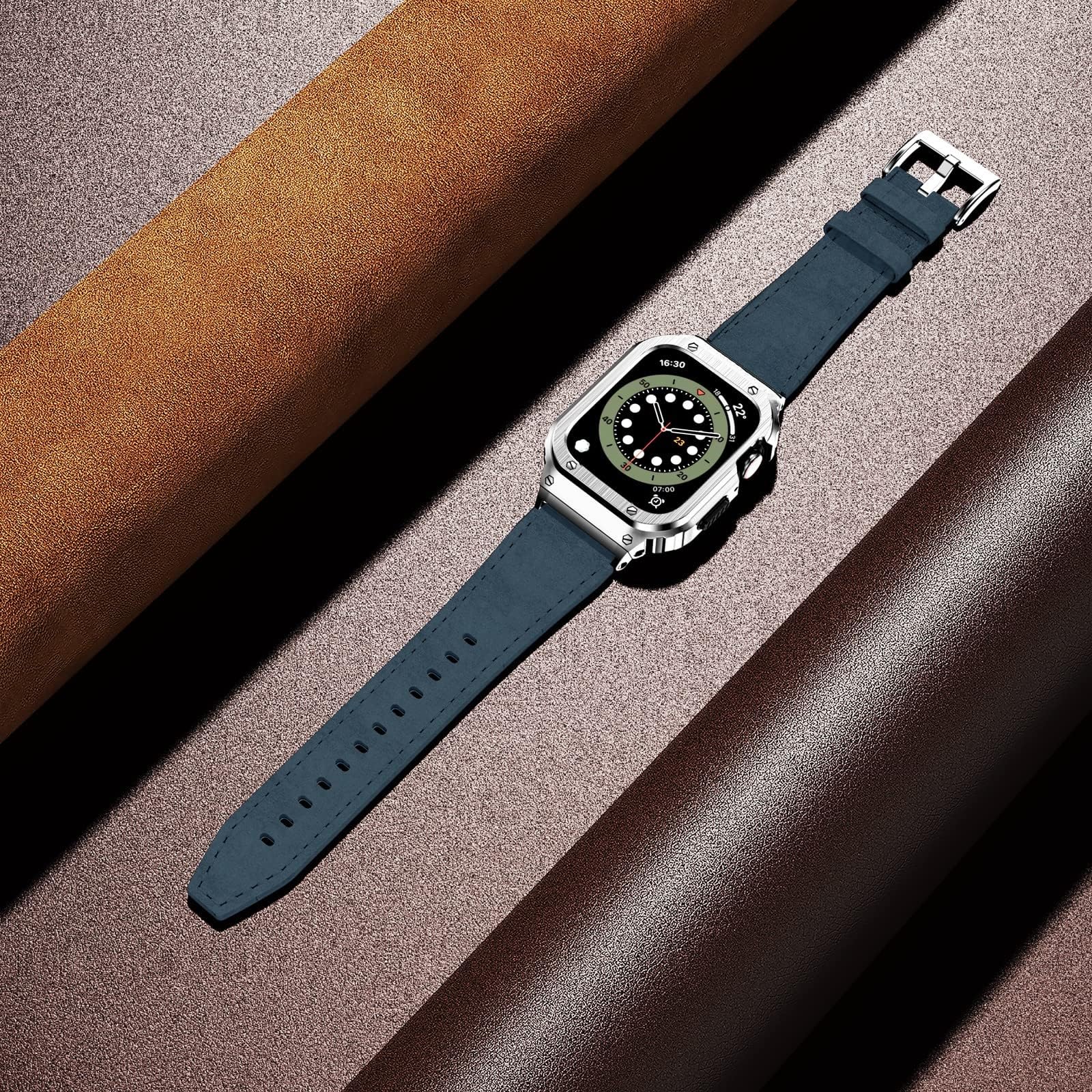 Suplink Stainless Steel Case And Bands Compatible With Apple Watch Bands 44Mm 42Mm,Leather Strap Rugged Cover For Iwatch Bands S