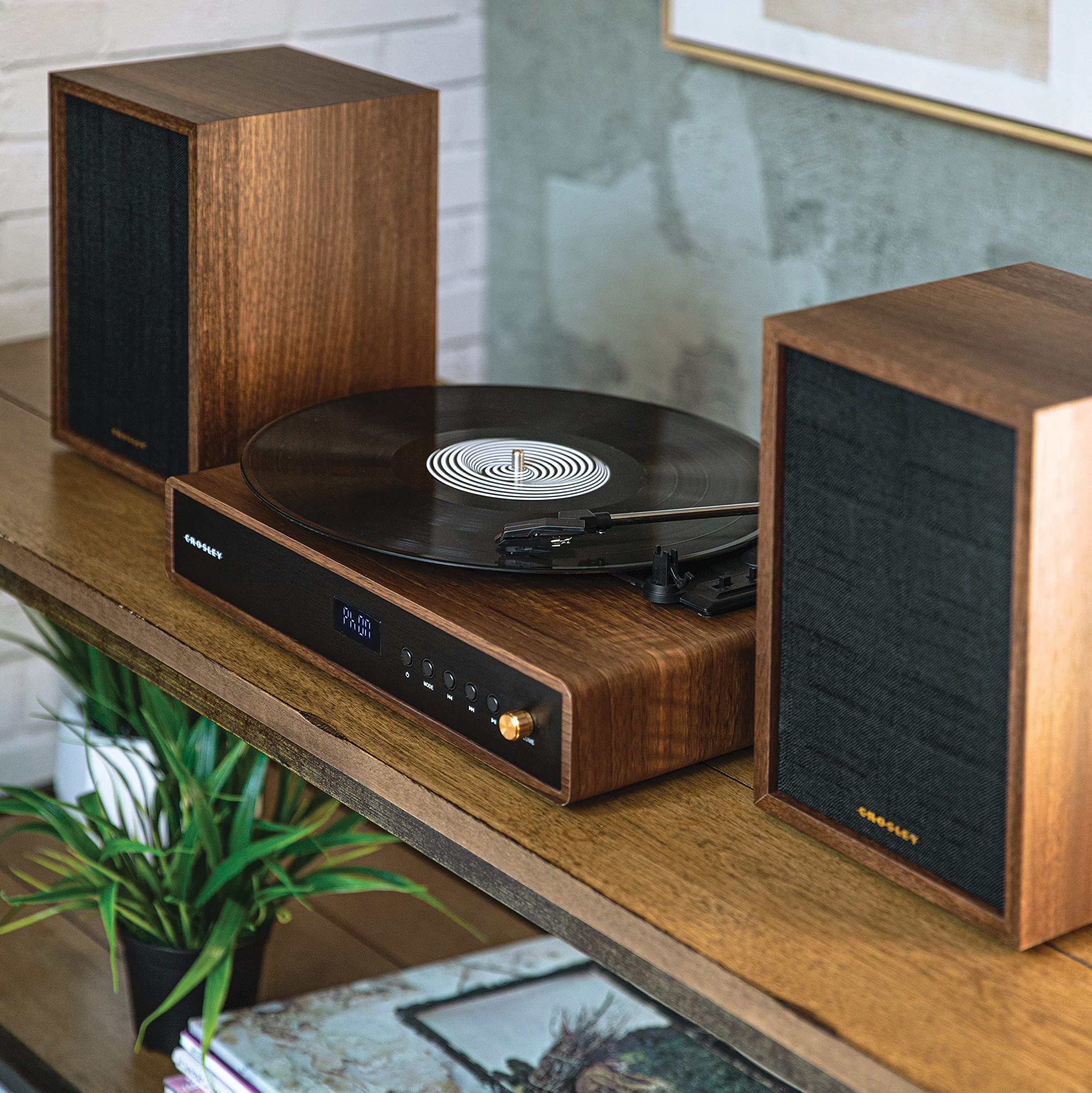 Crosley Cr7019A Wa Alto 3 Speed Turntable Shelf System With Bluetooth, Fm Radio, And Matching Stereo Speakers, Walnut