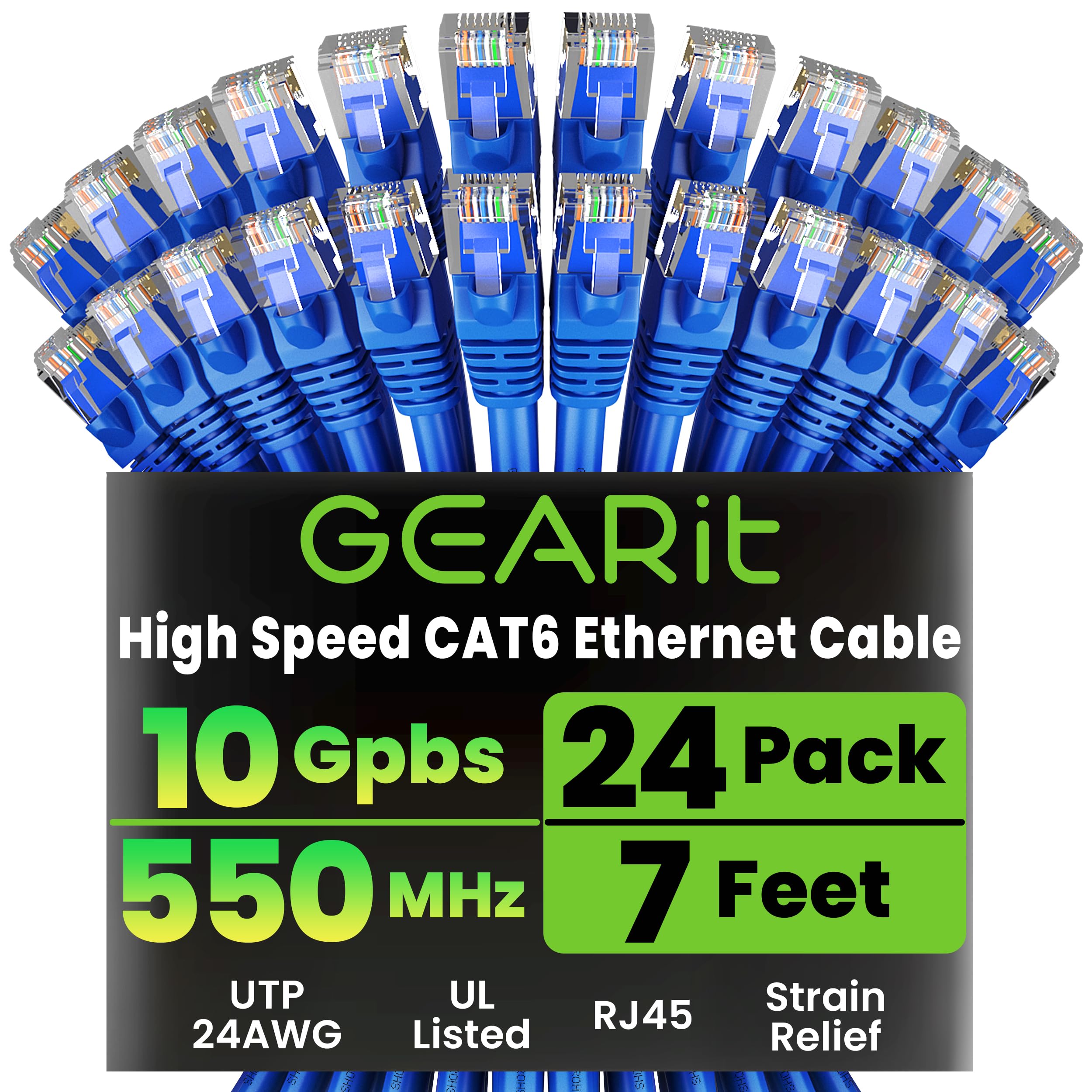 GEARit Cat 6 Ethernet Patch Cable 7 ft Blue (24-Pack Cat6 Ethernet Patch Cables 7ft), Cat 6 High Speed 24AWG 10Gbps RJ45 Snagles