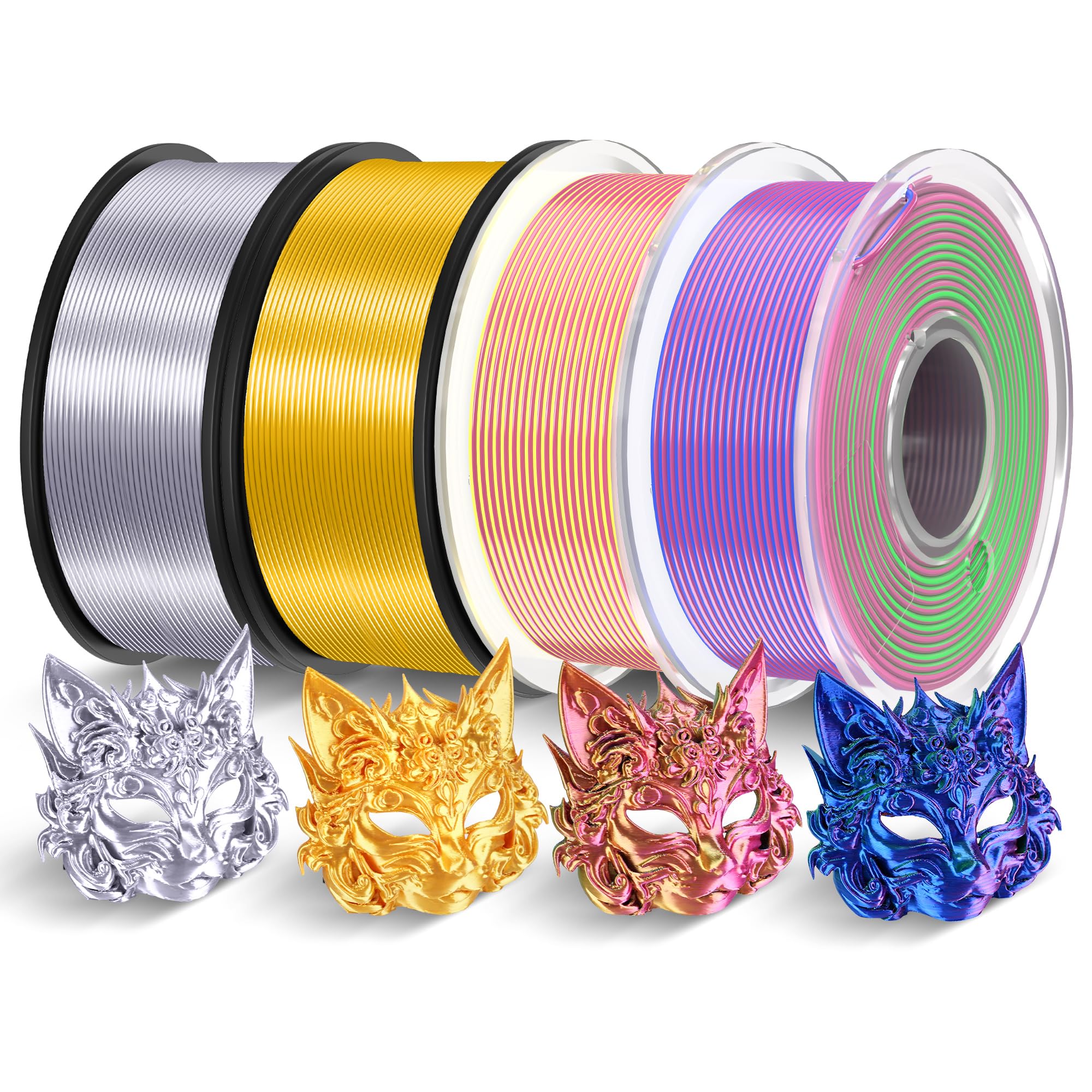 TECBEARS PLA Silk Filament Bundle, 3D Printer Filament Bundle with Shiny Silk Texture, Triple Colors Silk Filament, 250g Spool, 
