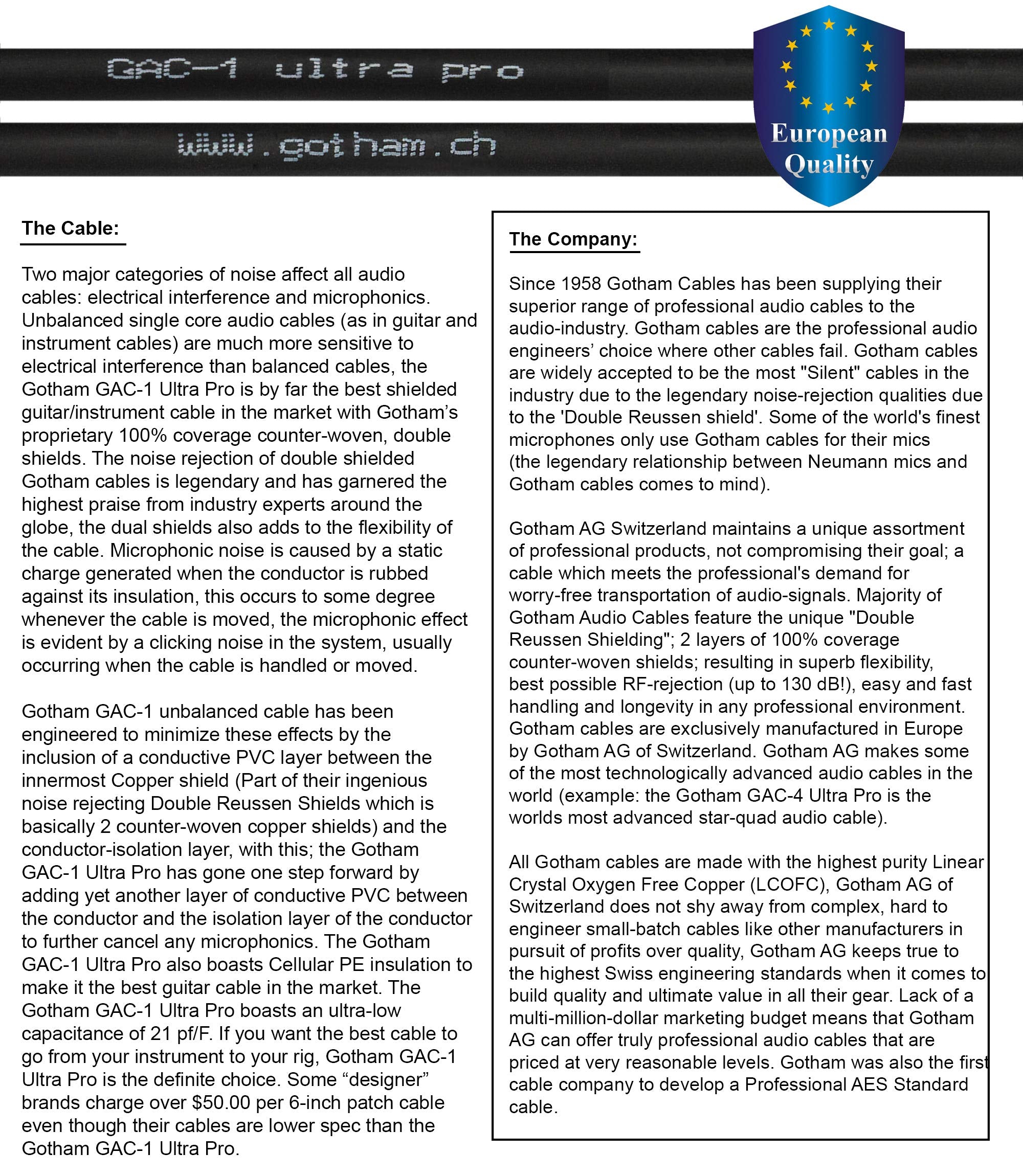 12 Foot   Gotham Gac 1 Ultra Pro (Black)   Premium, Low Capacitance (21 Pf/F) Guitar Bass Instrument Cable   Amphenol Qm2R Au &