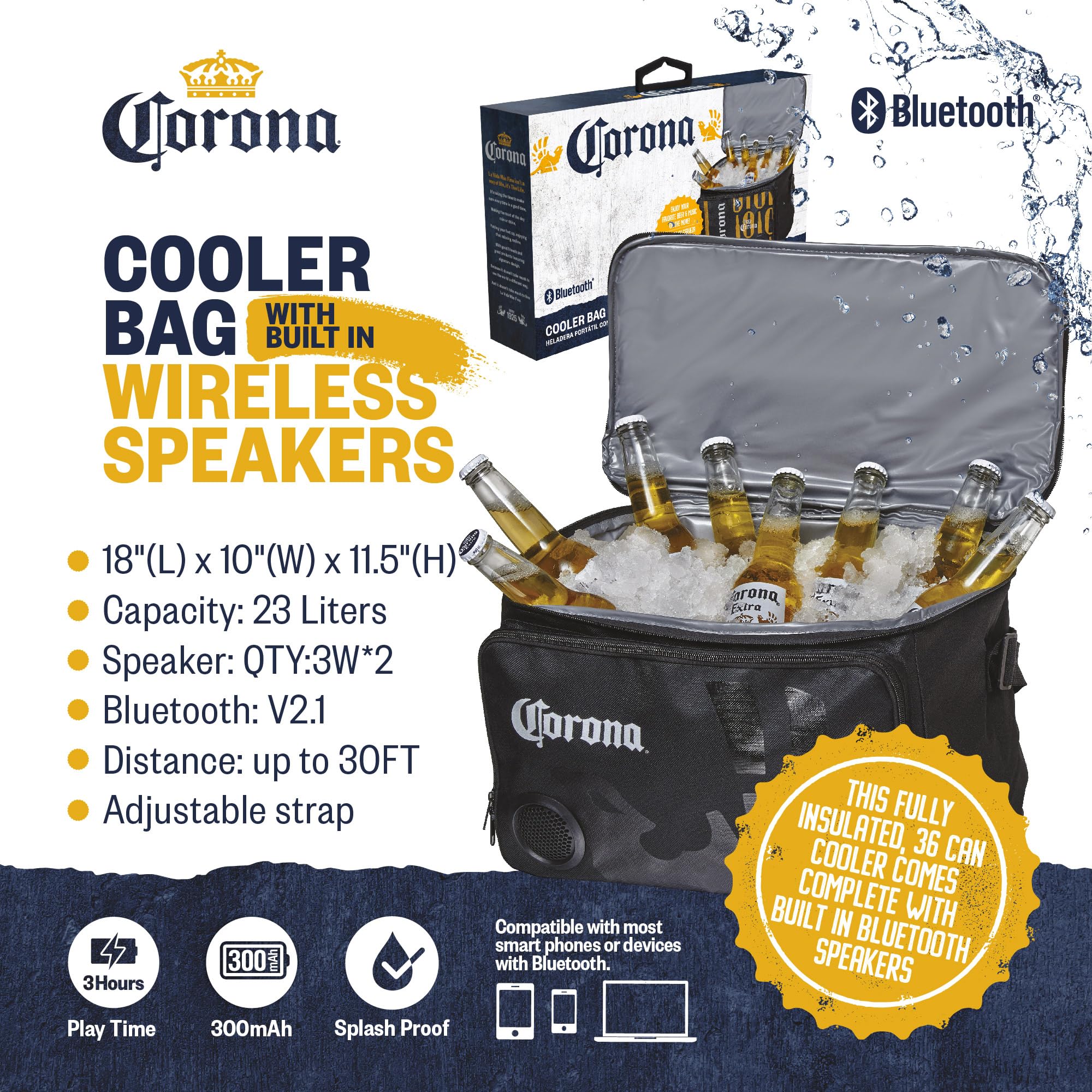 Corona Insulated Cooler With Speakers Modern Floating Cooler With Speakers Super Portable Travel Cooler Durable Speaker Cooler With Bluetooth For Parties, Festivals, Boats, And Beaches, Holds 36 Cans