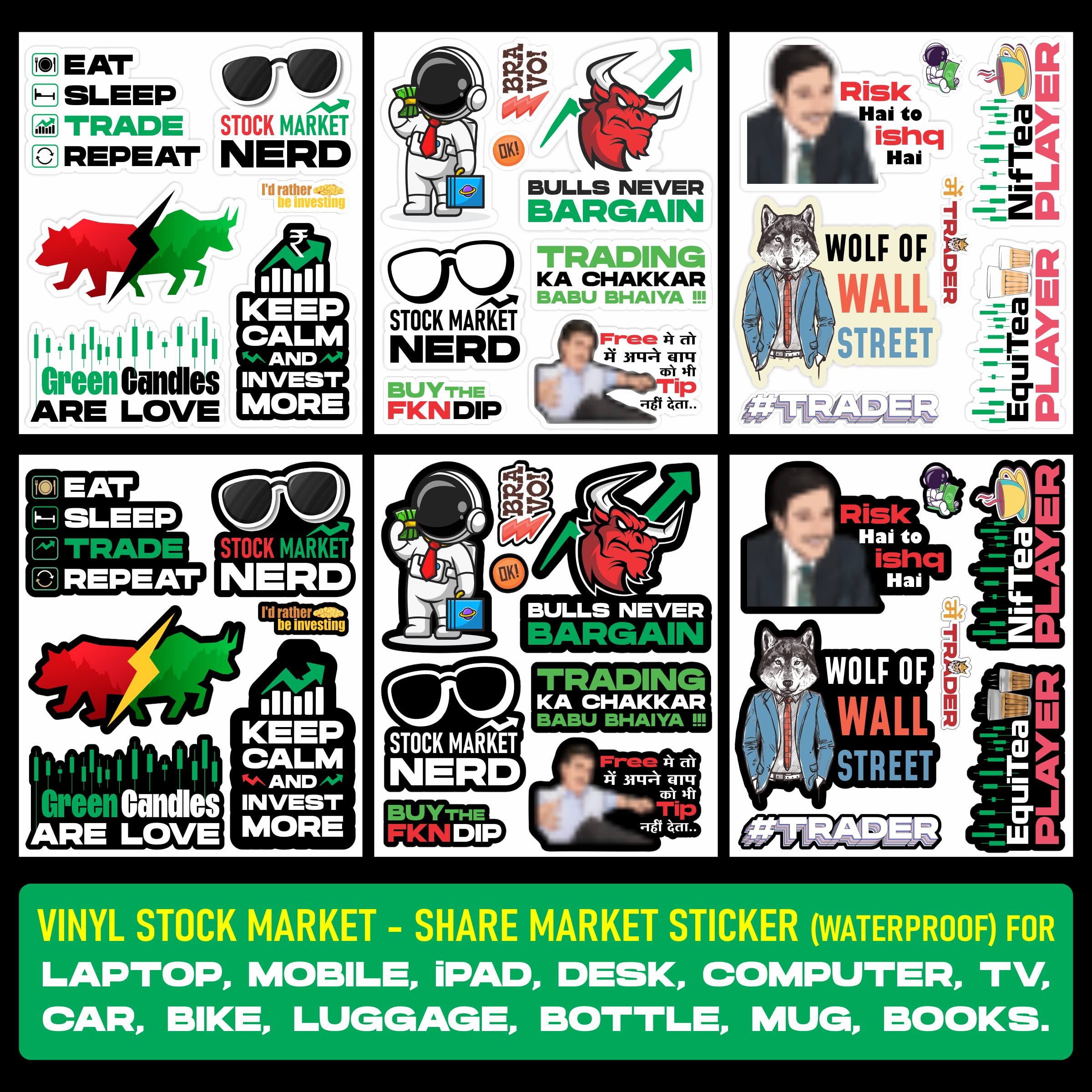 Tge Stock Market Intraday Waterproof Vinyl Sticker Pack Of 42 (Share Market Theme, Trader Theme) For Laptop, Mobile, Ipad, Desk,