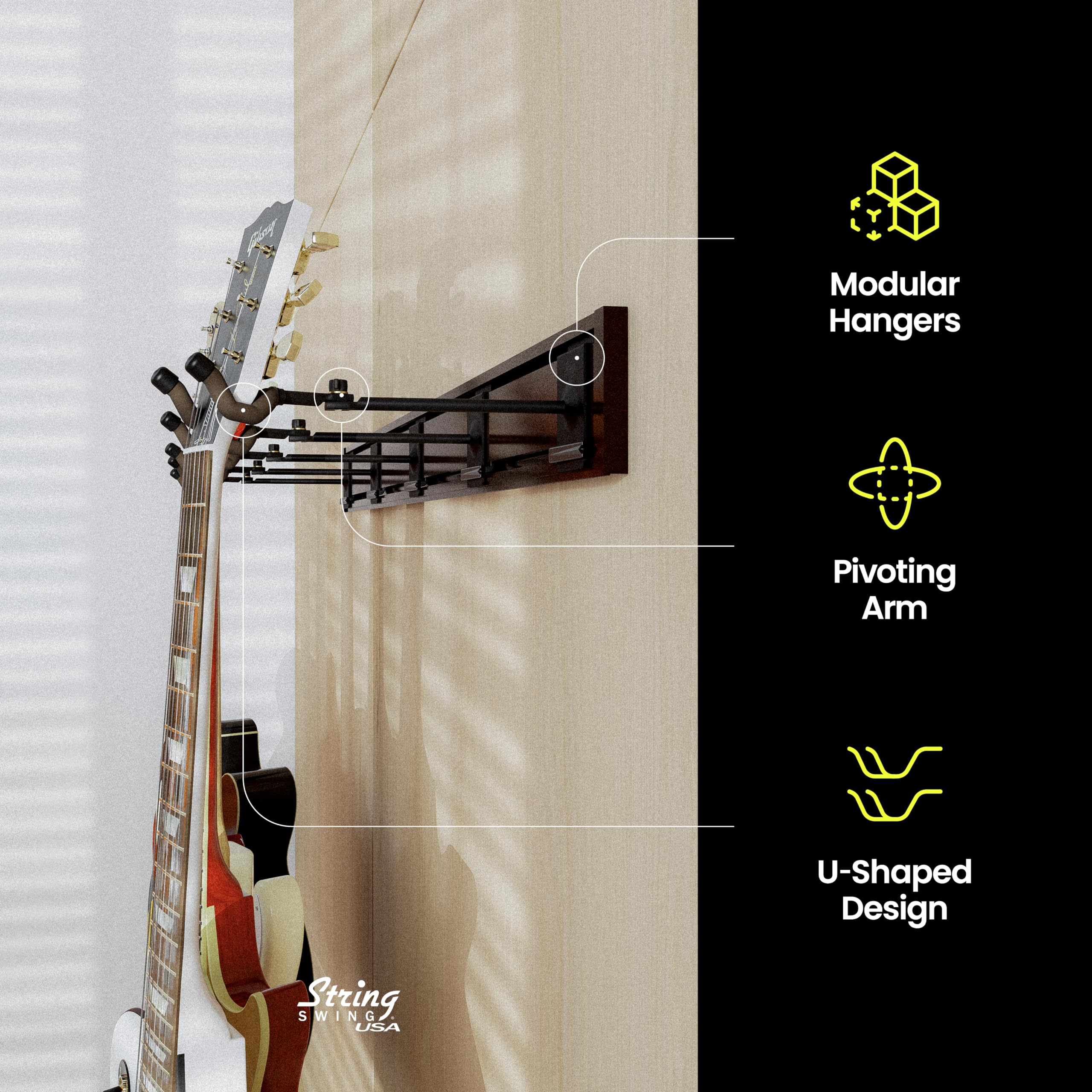 String Swing Guitar Wall Rack   Multiple Guitar Wall Mount   Guitar Organizer For Acoustic & Electric Guitars   5 Padded Arm Han