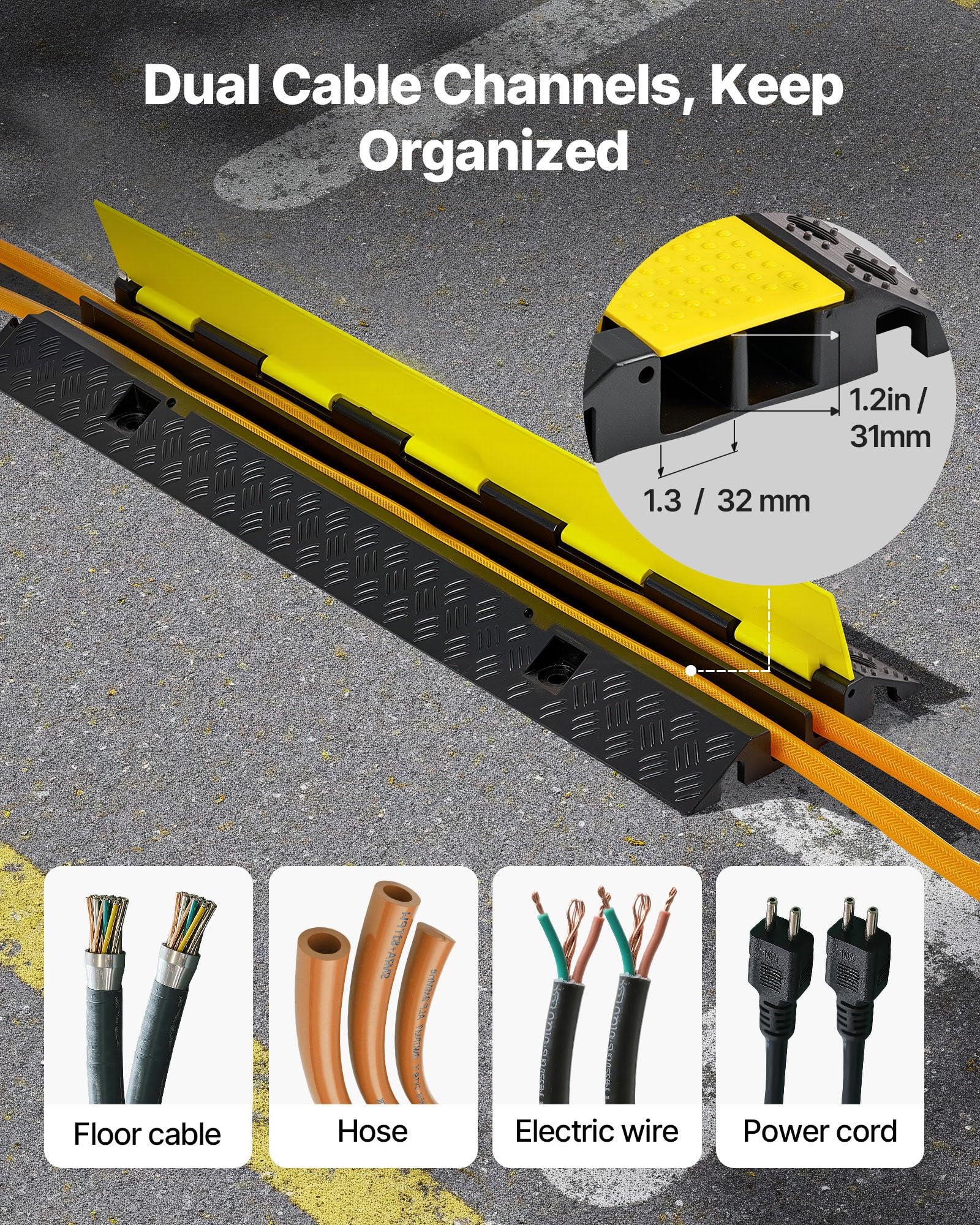 Vevor Cable Protector Ramp, 2 Channel Rubber Cord Hose Wire Cover, 1.3 X 1.2 In Channel Size, 39.57 Traffic Driveway Speed Bum