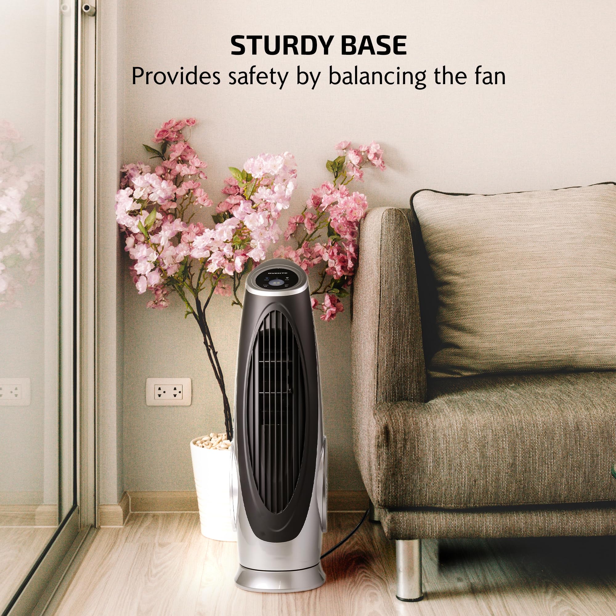 Ovente Oscillating Tower Fan With Remote Control, 3-Speed Lcd Panel & 8H Timer, 30.5 Quiet & Bladeless Indoor Standing Floor Fan