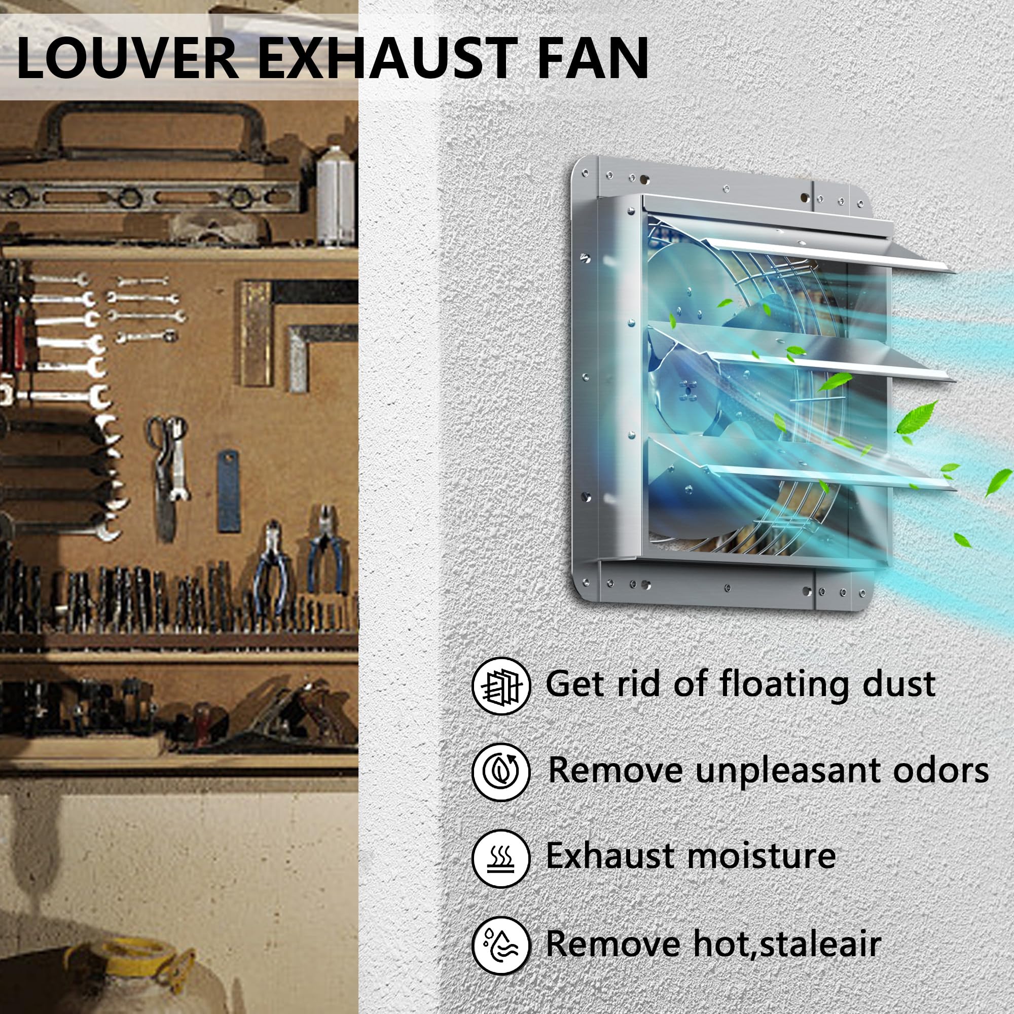 Ficbxra 16 Inch Shutter Exhaust Fan, Aluminum Wall Mounted Exhaust Fan, 2060 Cfm High Speed Automatic Shutter Attic Fan, Vent Fa
