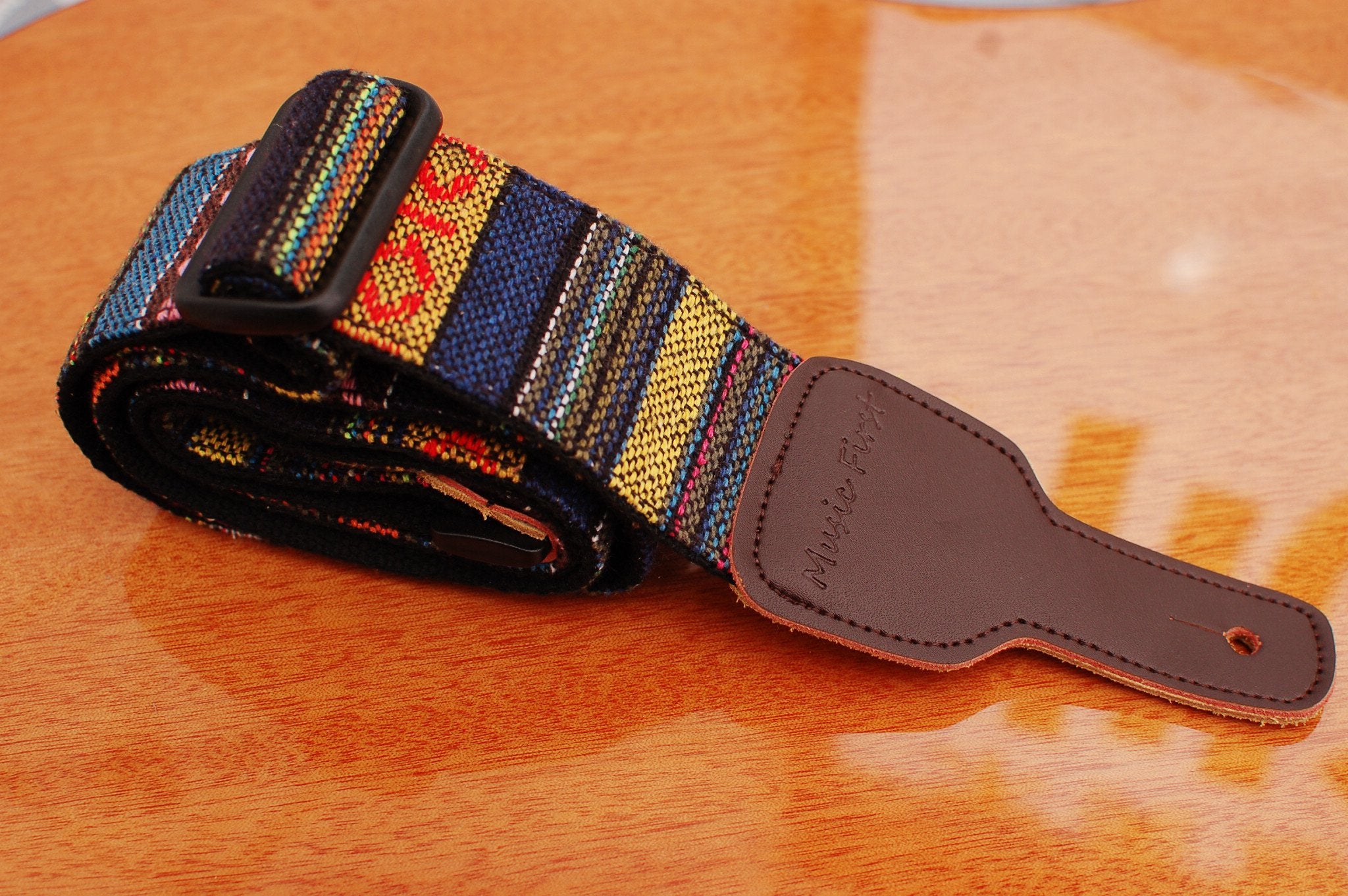 Music First Original Design, 2 Inch Width (5Cm), Classic Country Style Yarn-Dyed Fabric & Genuine Leather Guitar Strap Electric