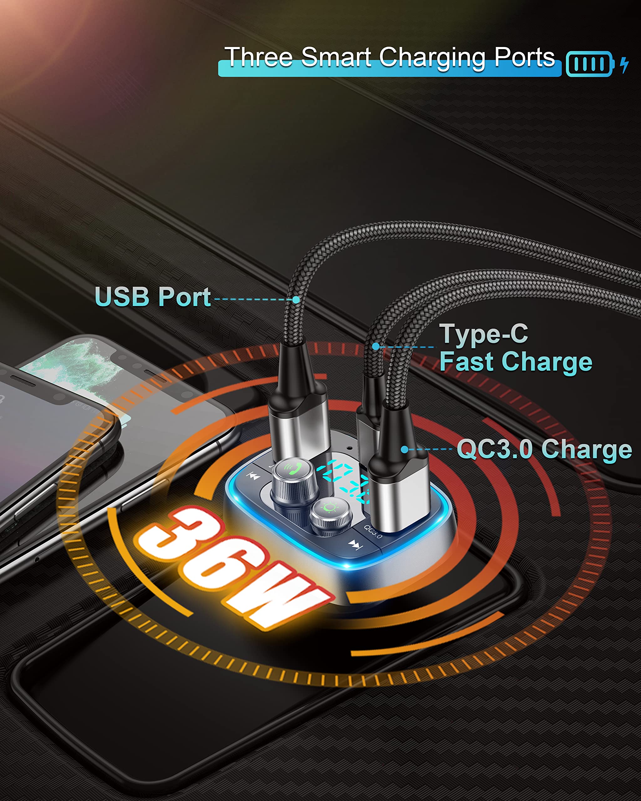 Lihan Usb C Bluetooth Adapter For Car, Aux Wireless Fm Radio Transmitter, Handsfree Calling & Audio Receiver, Mp3 Music Player,