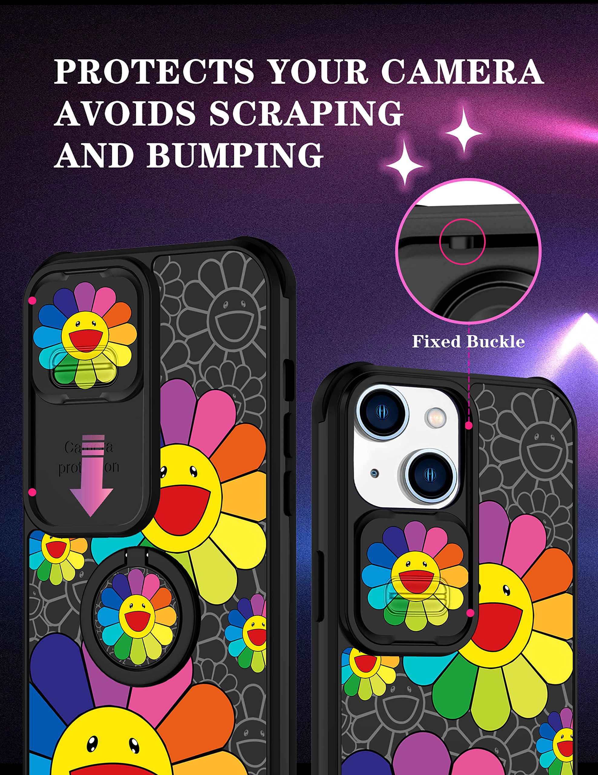 Goocrux (2In1 For Iphone 13 Case Smile Face Flower For Women Girls Pretty Girly Phone Cover Cute Floral Design With Slide Camera