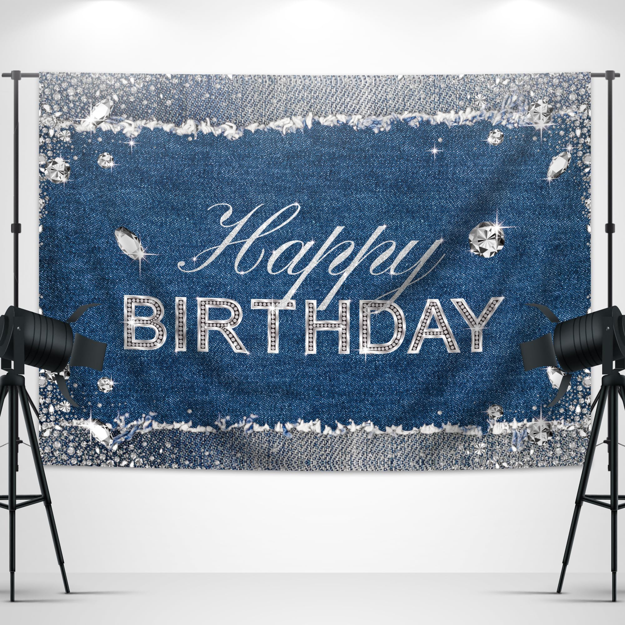 Glawry Denim Diamonds Birthday Backdrop For Photography 8Wx6H Feet Sparkle Shining Navy Blue Modern Luxury Crystal Girls Happy B