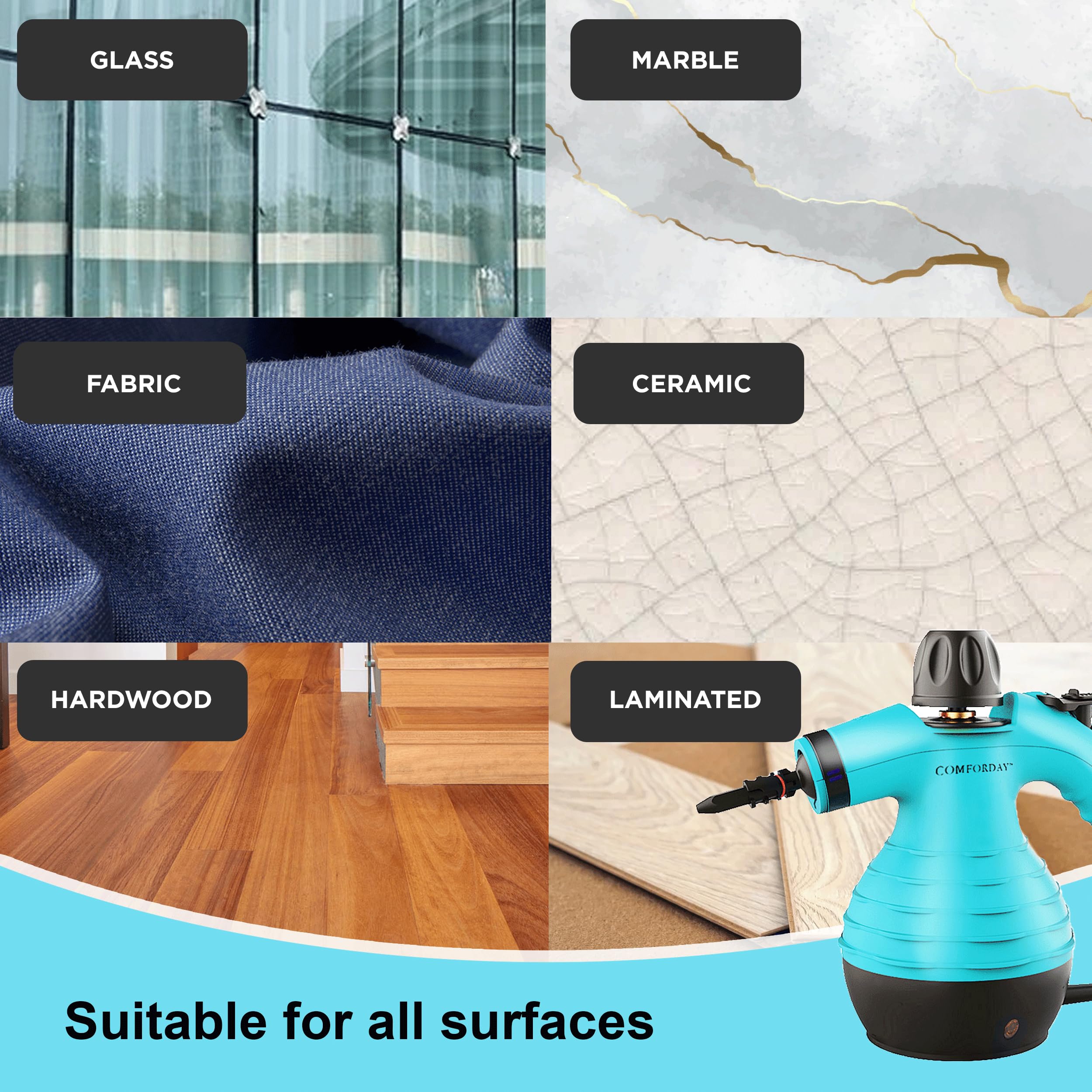 Comforday Multi Purpose Handheld Pressurized Steam Cleaner With 9 Piece Accessories, Handheld Steamer Perfect For Stain Removal,