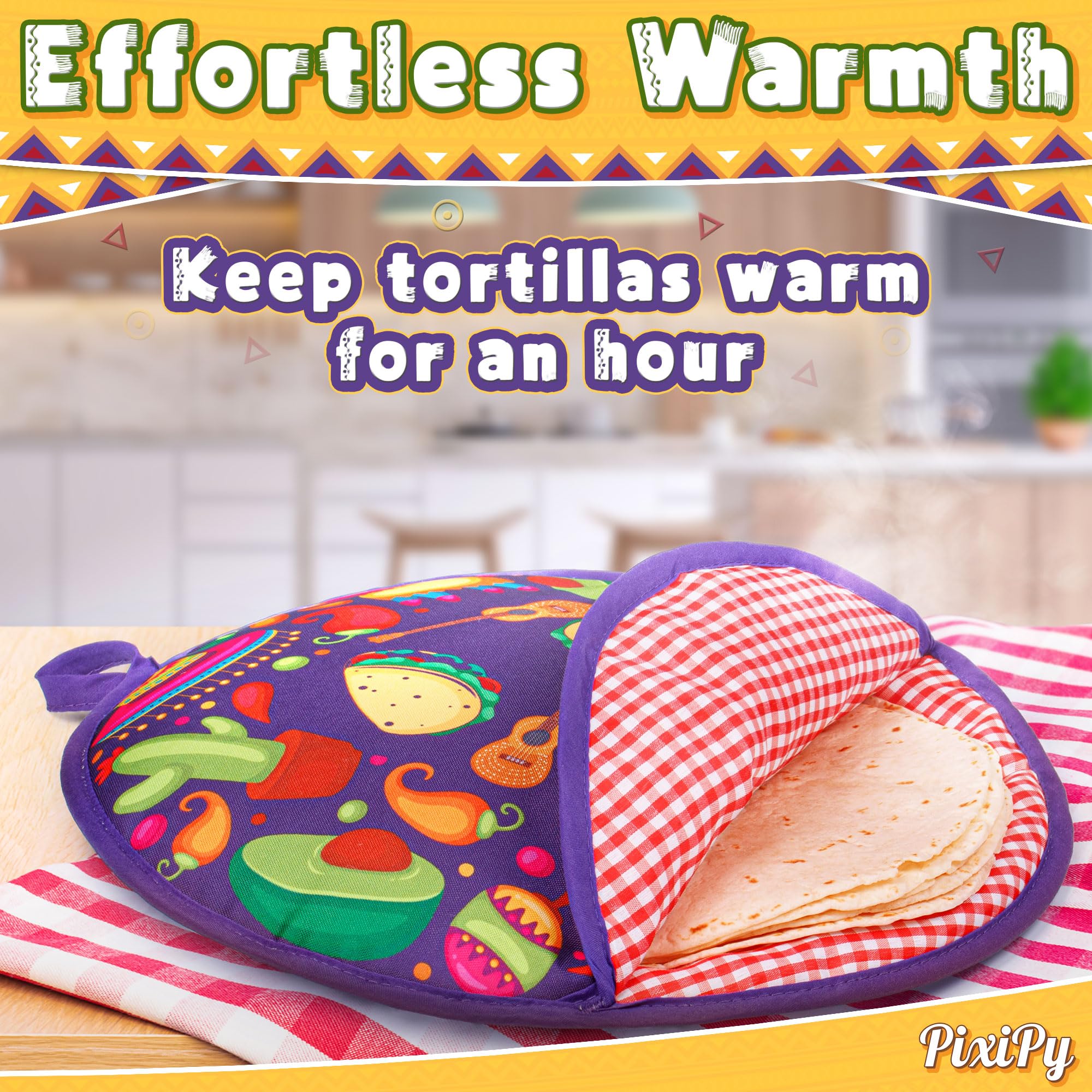 Pixipy Tortilla Warmer Pouch (Tacos, 12 Inch), Microwavable Fabric Tortilla Heater Pouch To Keep Tortillas Soft & Warm, Insulate