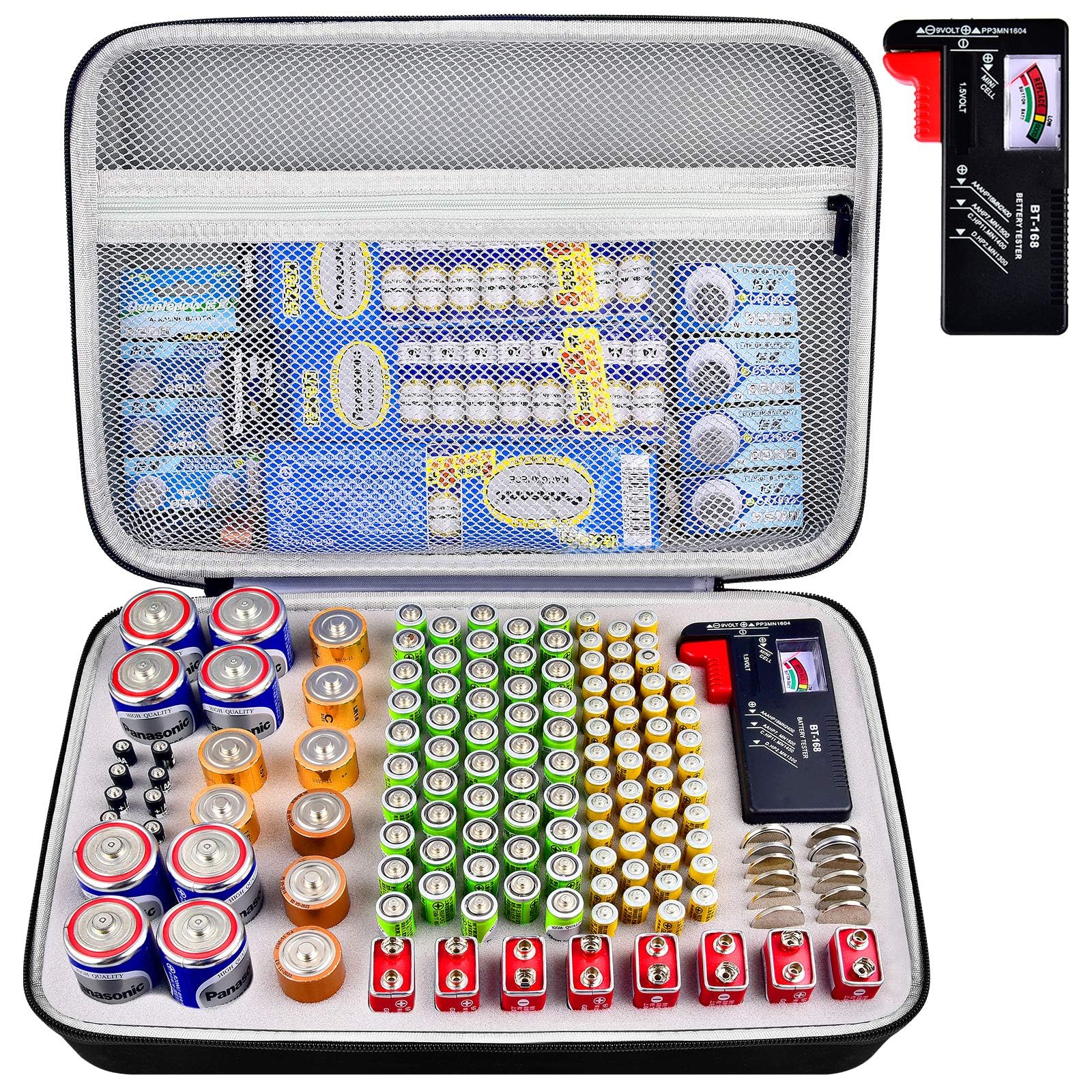 Battery Organizer Storage Case Holder With Tester Bt 168, Batteries Variety Pack Bag, Holds 140+ Aa, Aaa, C, D, 9V, Lithium 3V B