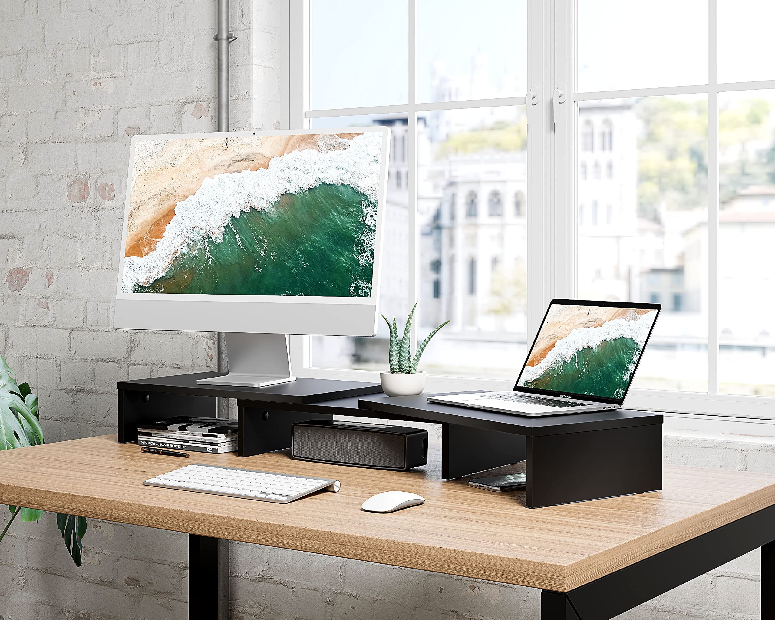 FITUEYES Dual Monitor Stand � 3 Shelf Computer Monitor Riser, Wood Desktop Stand with Adjustable Length and Angle, Desk Accessories, Office Supplies Medium Black, DT108008WW