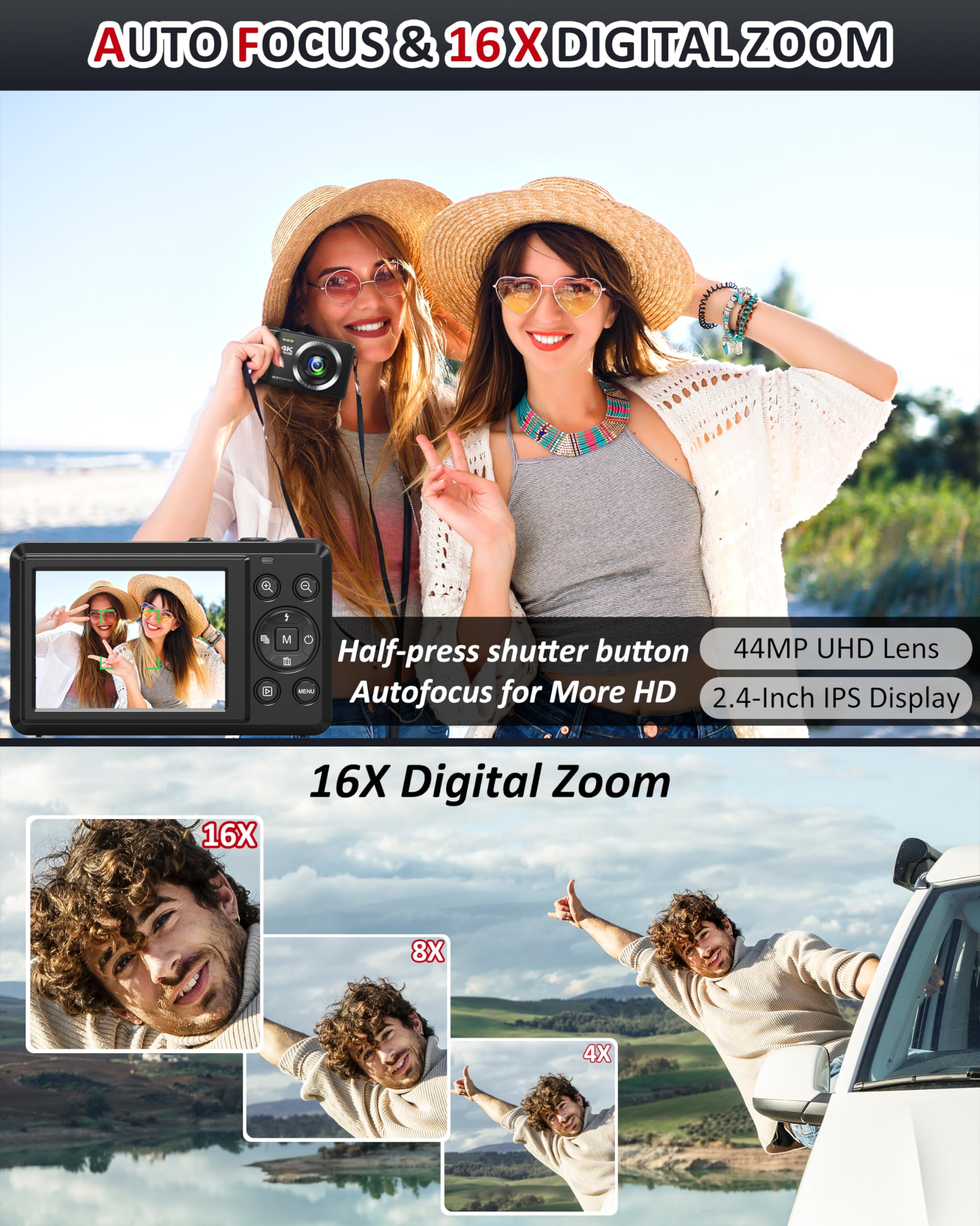 Digital Camera   4K 44Mp Uhd Digital Cameras For Photography   Autofocus Point And Shoot Vlogging Camera With 16X Zoom, 32Gb Sd