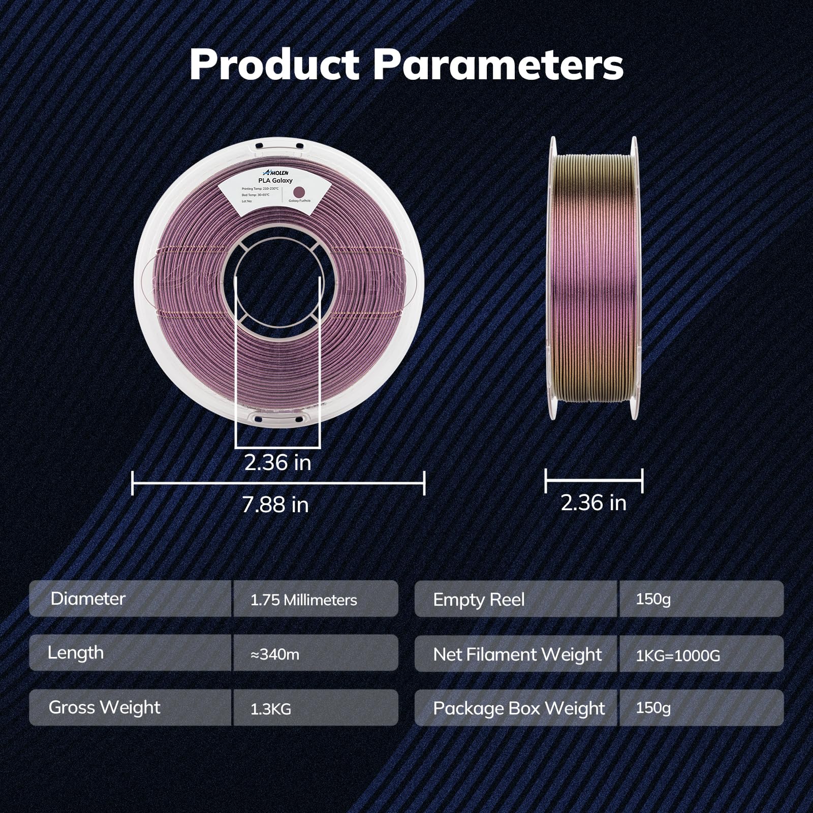 Amolen Pla 3D Printer Filament, Galaxy Fuchsia Color Changing With Light Filament 1.75Mm,Shiny Sparkle 3D Printing Filament For