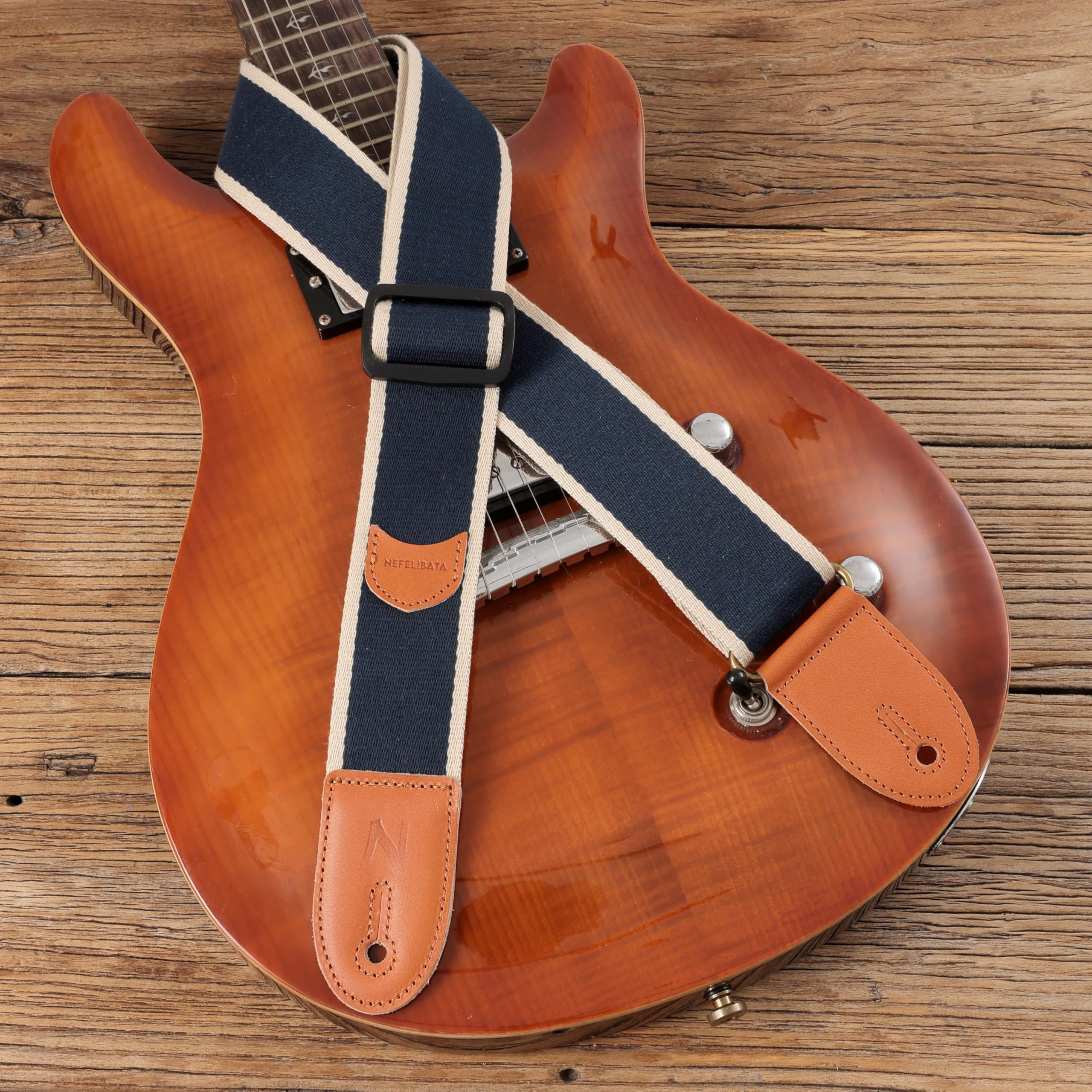 Nefelibata Guitar Strap, Cotton Full Grain Leather Ends Guitar Straps With Pick Pocket For Bass, Electric & Acoustic Guitar, Com