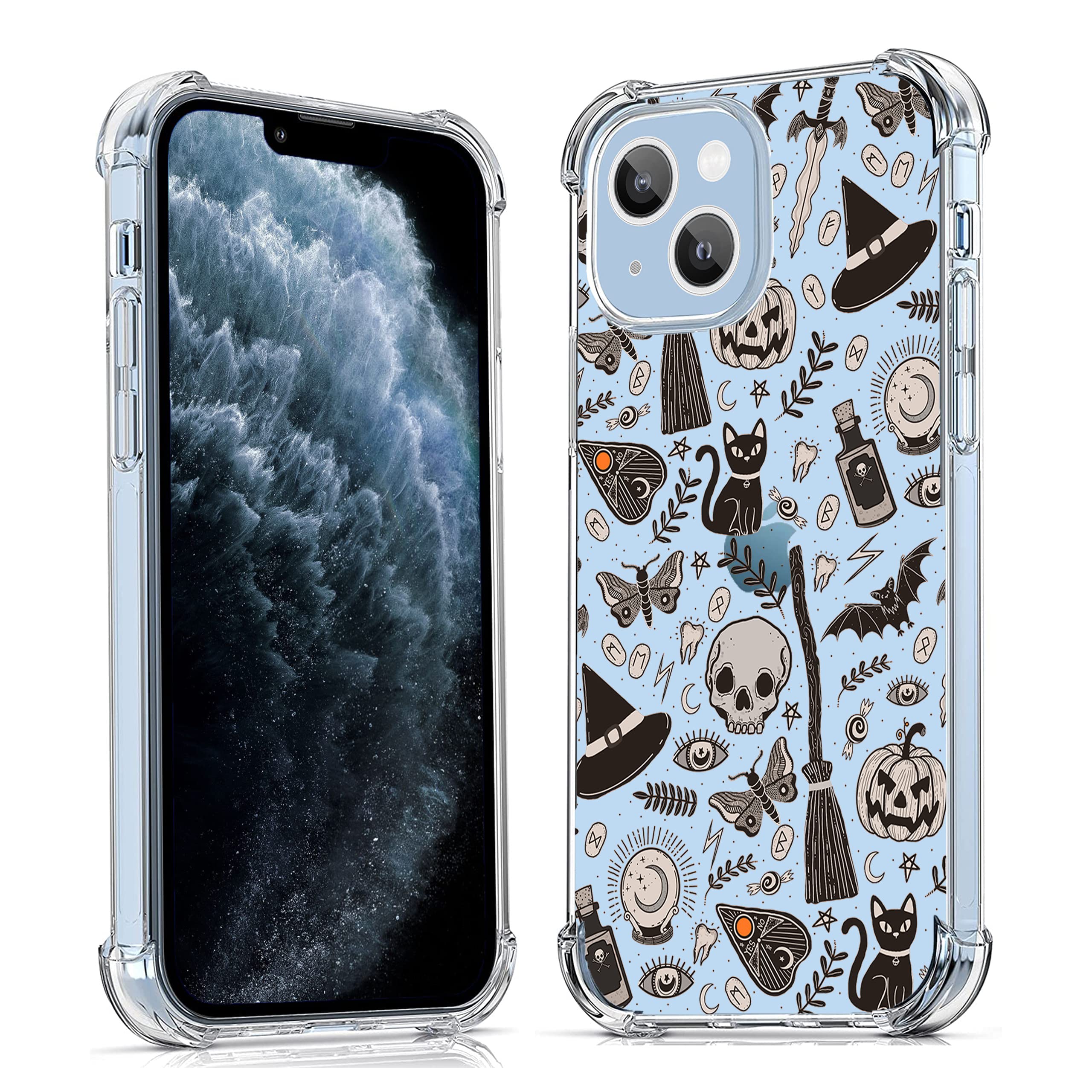 Vesidurt Black Halloween Clear Case For Iphone 13,Pumpkin Skull Bat Pattern For Men Women,Trendy Transparent Soft Tpu Bumper Cas