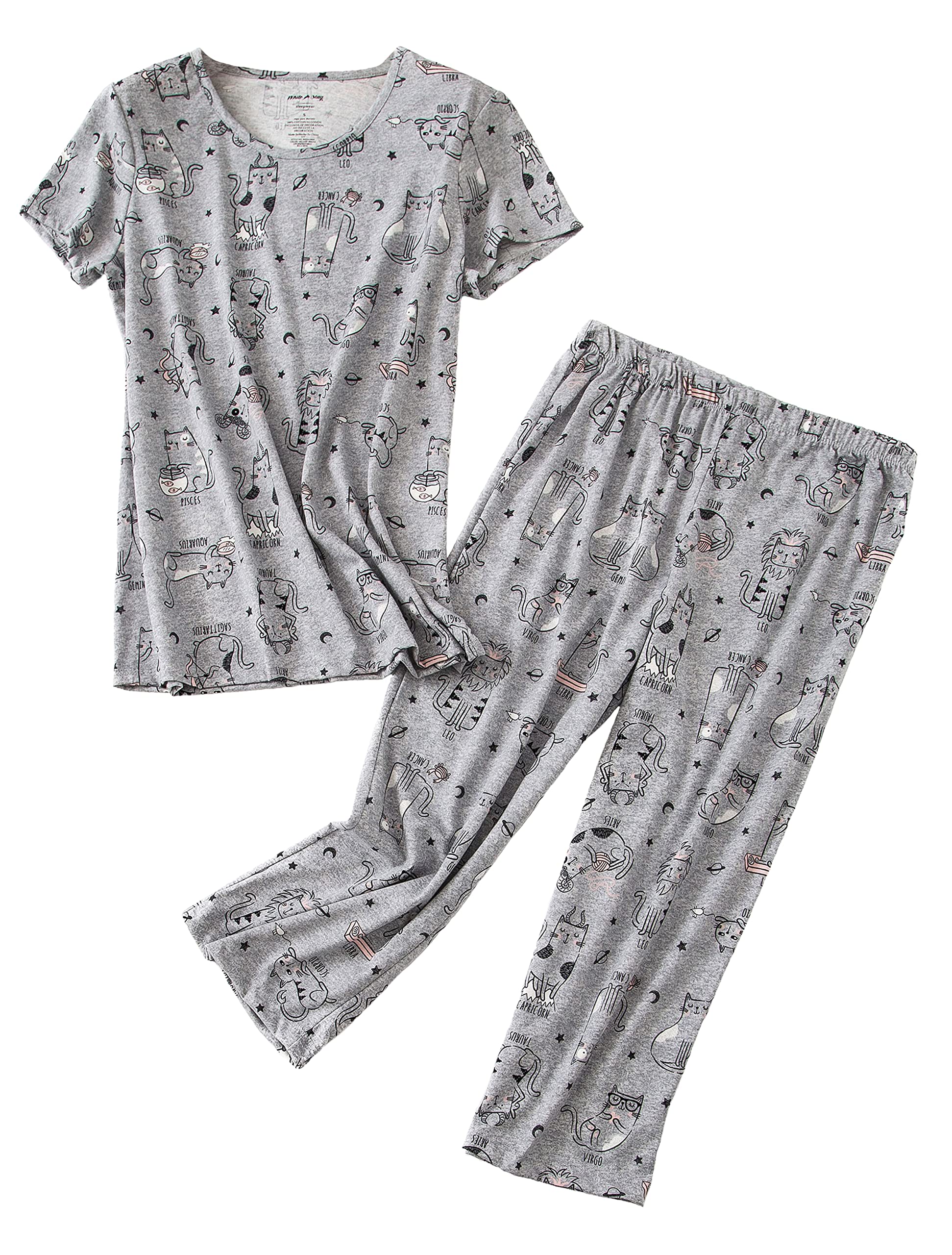 Pnaeong Womenas Pajama Set   Cotton Blend Short Sleeve Loose Top With Matching Capri Bottoms Sy296 Gray Cats 2Xl Xx Large