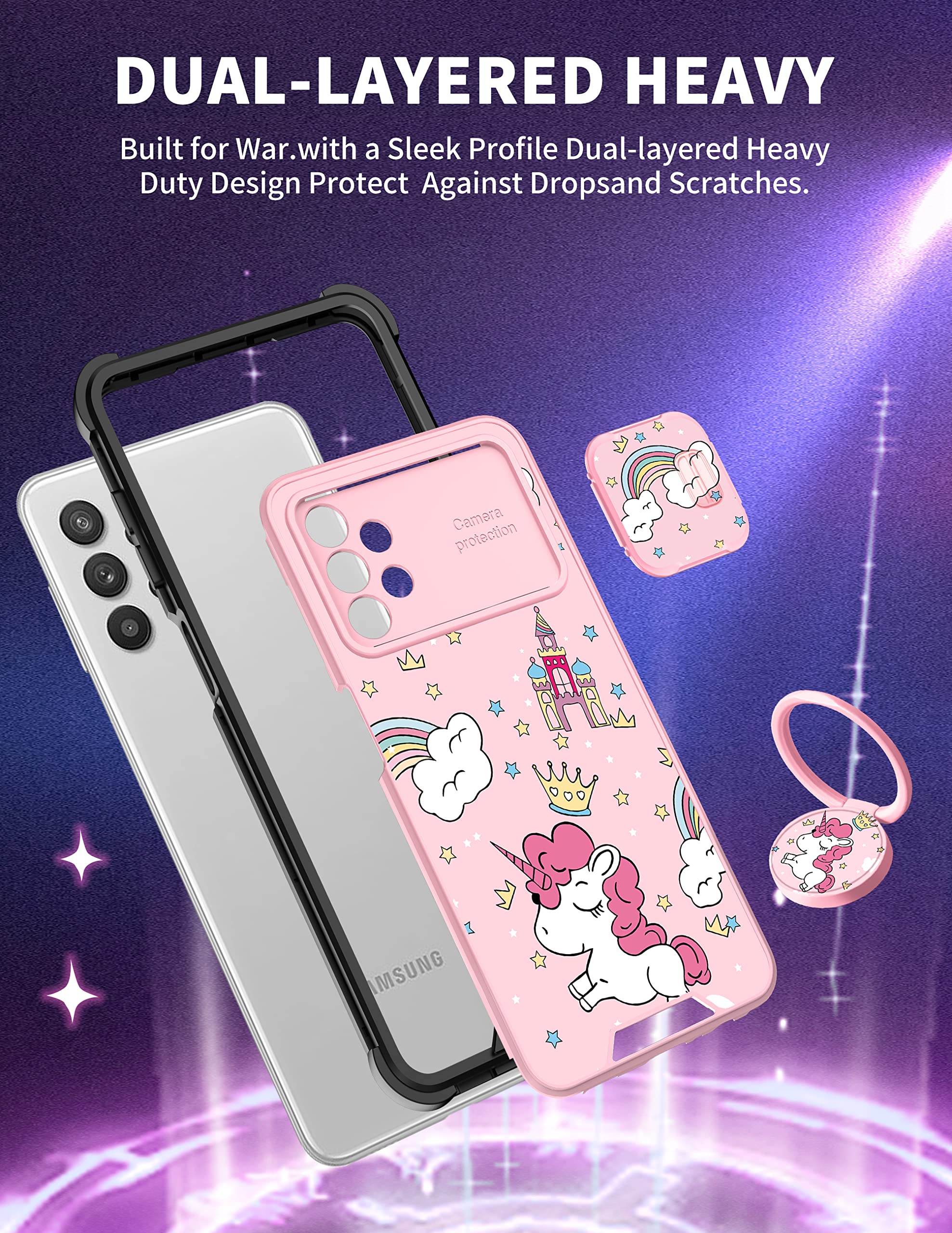 Goocrux (2In1 For Samsung Galaxy A32 5G Case Unicorn For Girls Women Kawaii Cartoon Girly Phone Cover Cute Unique Design With Sl