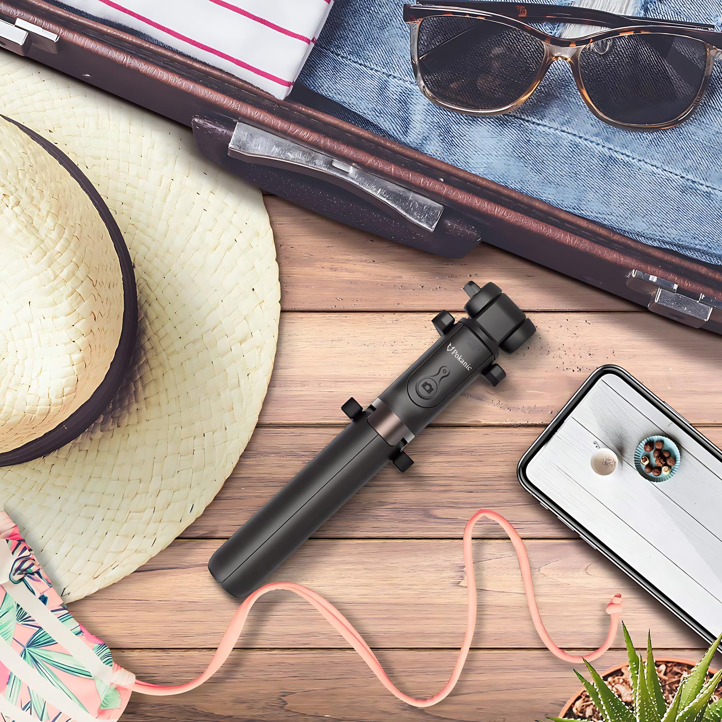 Pokanic Selfie Stick Tripod With Wireless Remote Controller Pouch Extendable Adjustable Stand Mount Light Weight V Log Compatible With All Apple Iphone, Samsung Galaxy (Black)