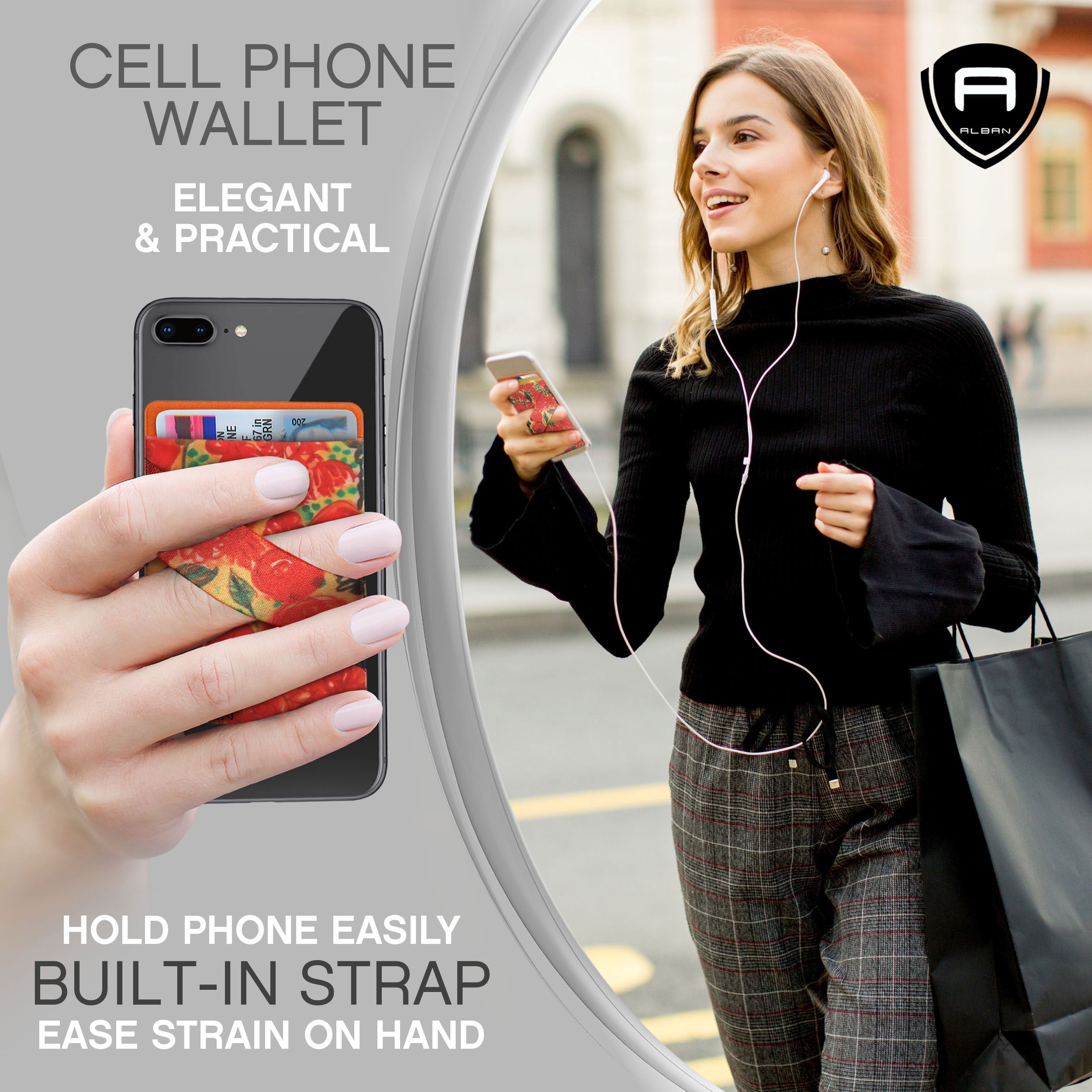 Alban Credit Card Holder Stick On Cell Phone Wallet Rfid Blocking With Finger Strap 2 Pack (Orange Floral)