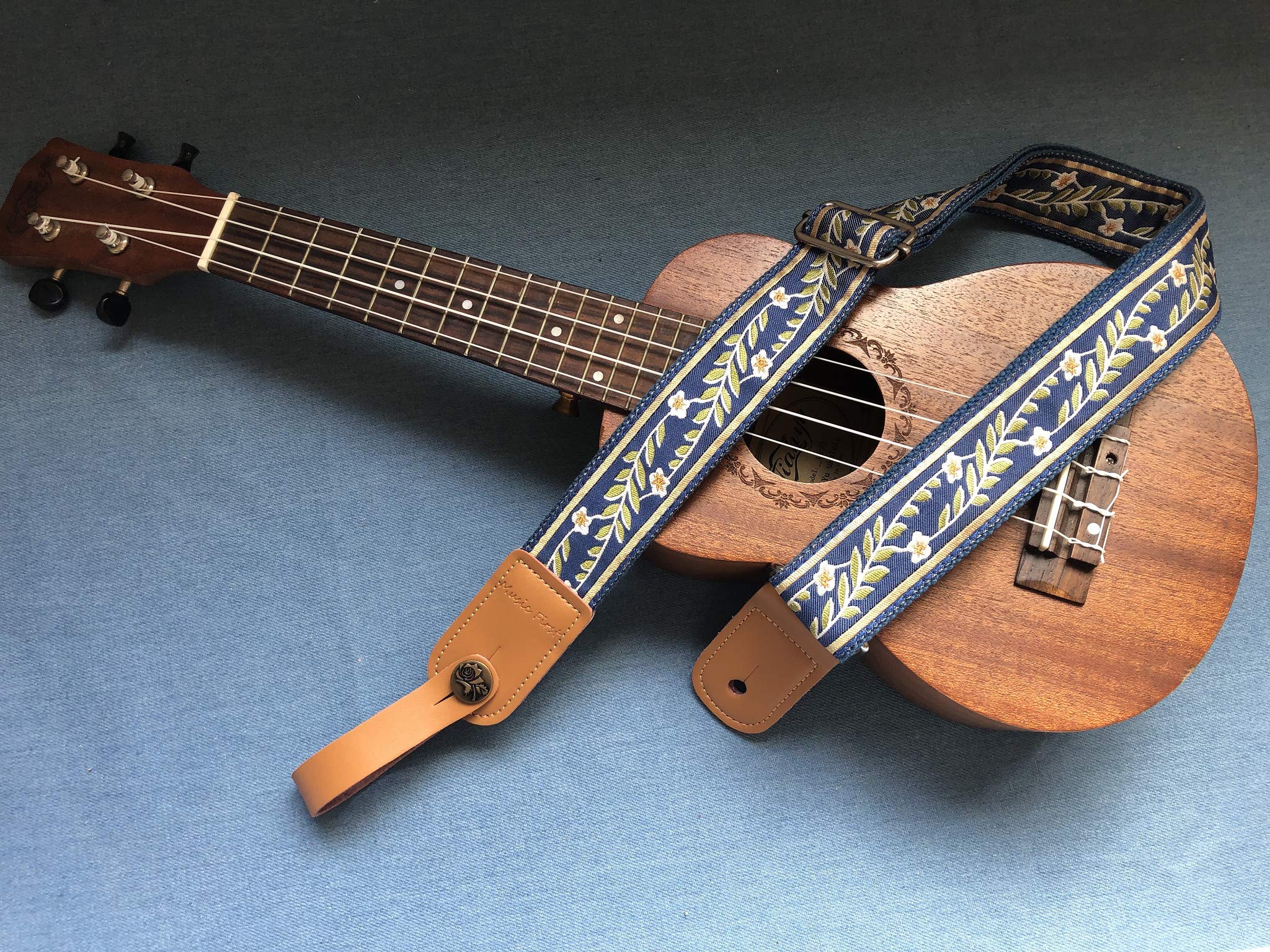 Music First Original Design Vintage Blue    Jasmine    Soft Meshbelt & Genuine Leather Ukulele Strap Ukulele Shoulder Strap With