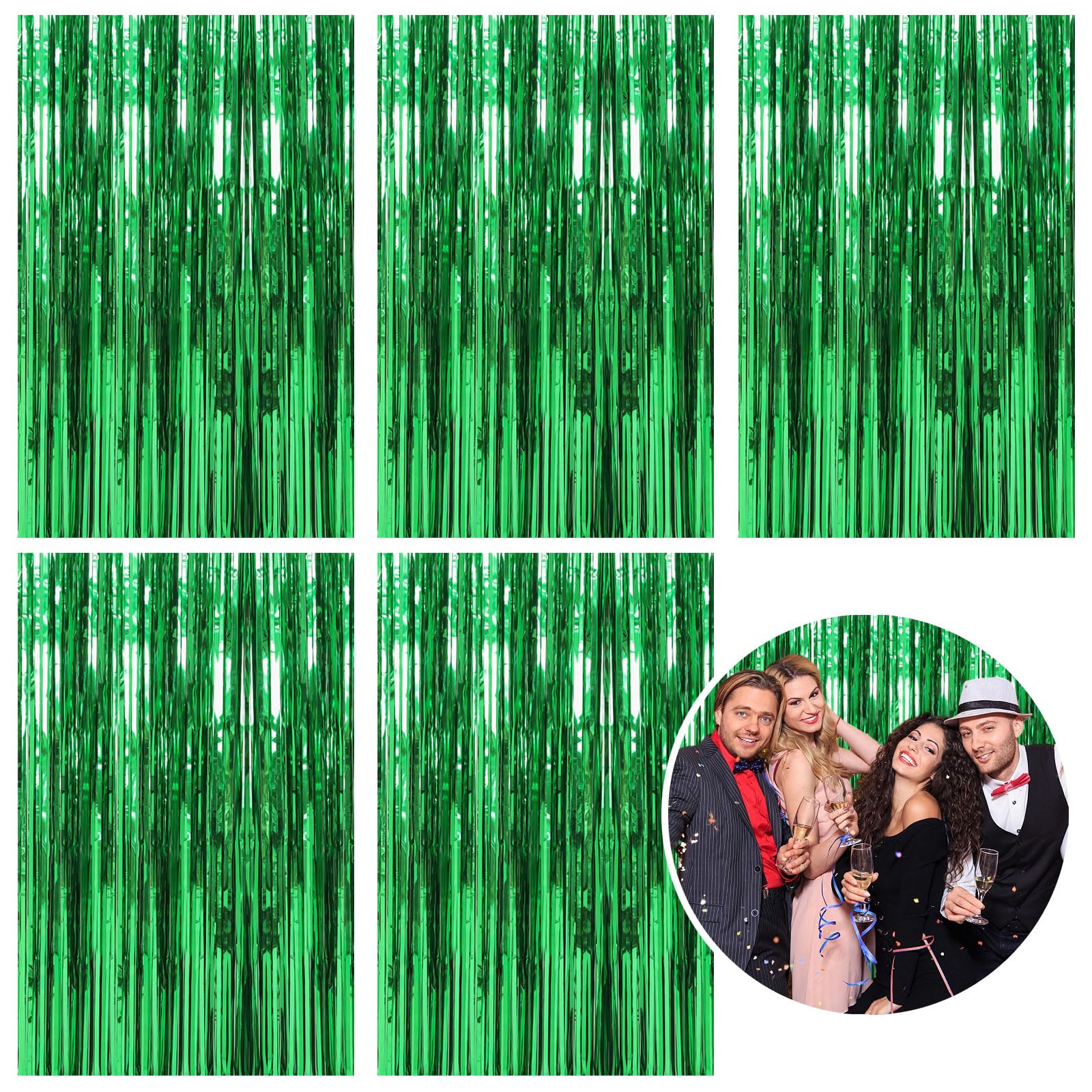 5 Pack Foil Curtain Backdrop Green Metallic Tinsel Foil Fringe Curtains Photo Booth Props for Birthday Wedding Engagement Baby S