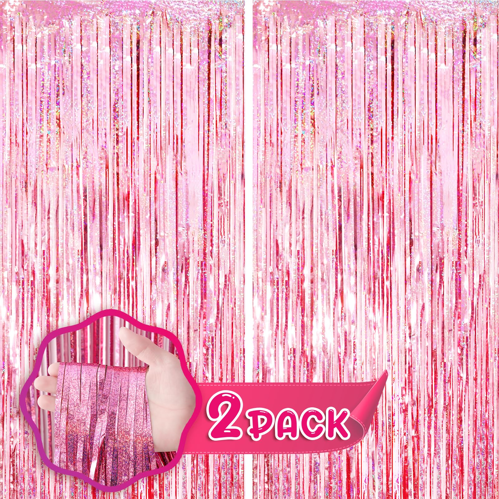 Voircoloria 2 Pack 3.3X8.2 Feet Laser Pink Foil Fringe Backdrop Curtains, Tinsel Streamers Birthday Party Decorations, Fringe Ba