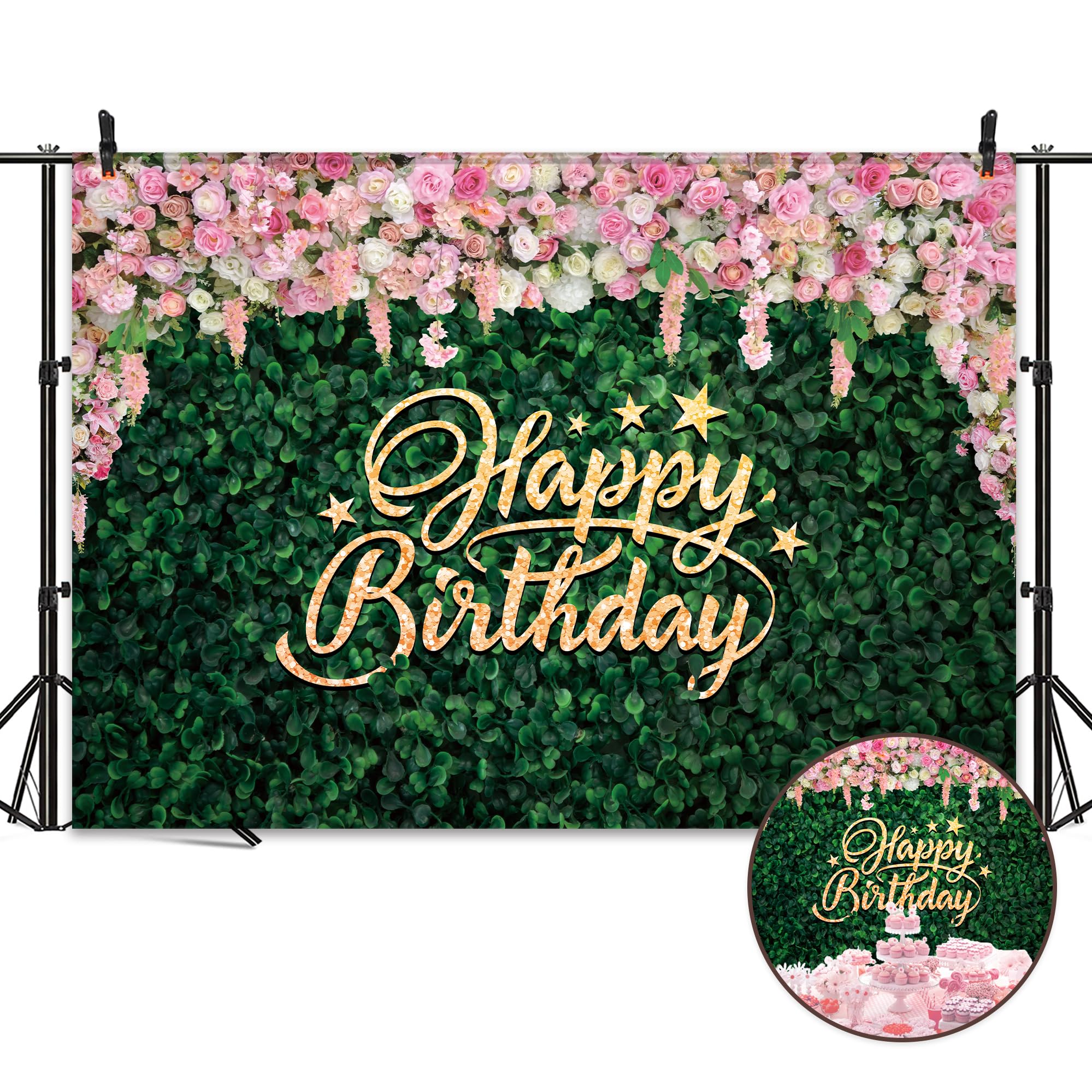 Omifly Pink Rose Green Leaves Happy Birthday 7Wx5H Backdrop For Photography Girls Women Rustic Floral Spring Nature Plant Backgr