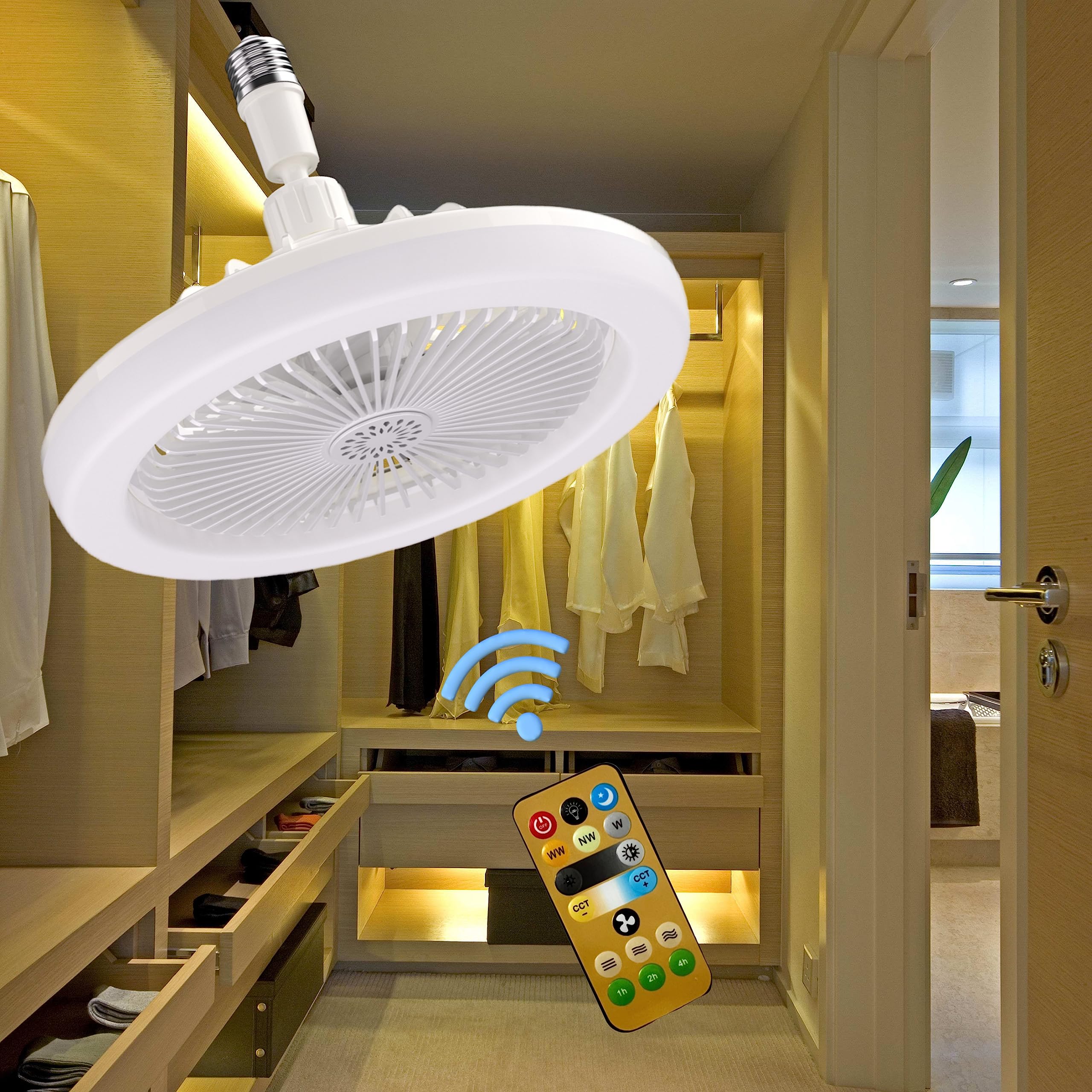 Wotofulin 10 Socket Fan with Light - Dimmable Remote, 3 Speeds - Bedroom/Kitchen (White)