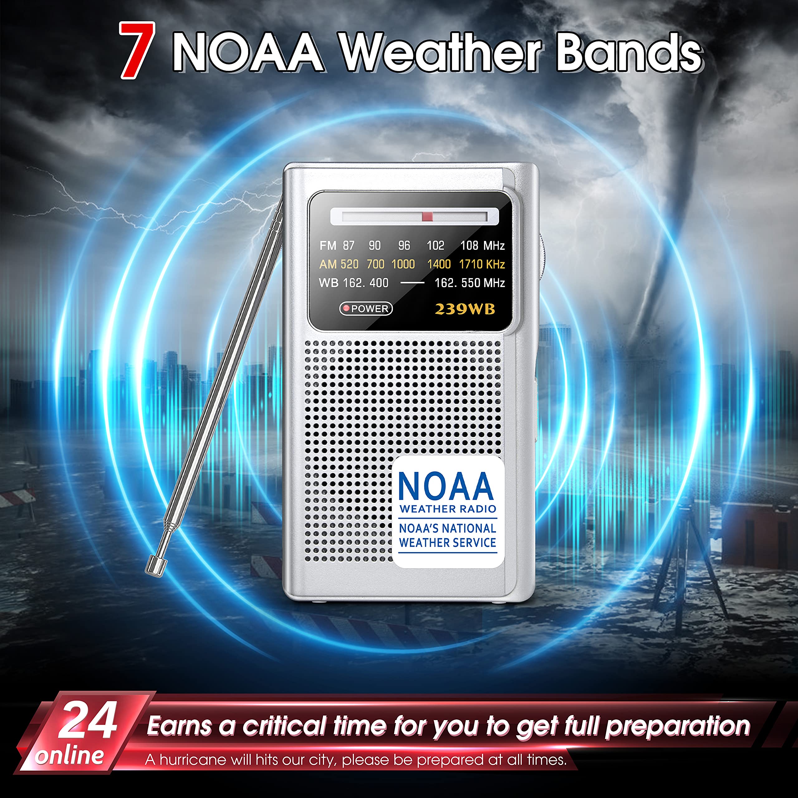Greadio Noaa Weather Radio, Am/Fm Battery Operated Transistor Portable Radio With Best Reception,Stereo Earphone Jack,Powered By 2 Aa Battery For Emergency,Hurricane,Running, Walking,Home (Silver)