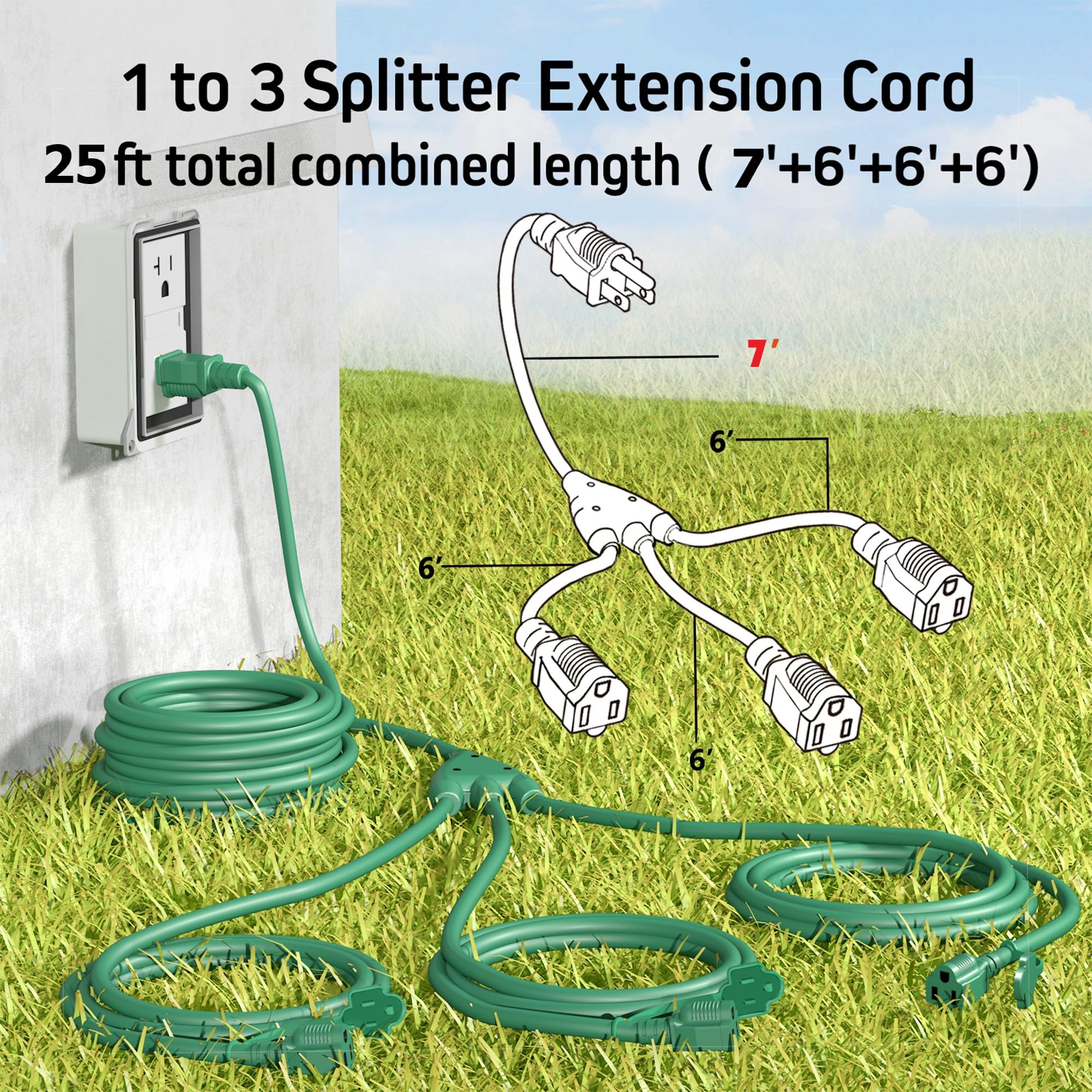 Eversimpleinc 1 To 3 Splitter Extension Cord (Combined 25 Ft, End To End 13 Ft), 3 Prong Plug With 3 Extended Outlets, With Weat