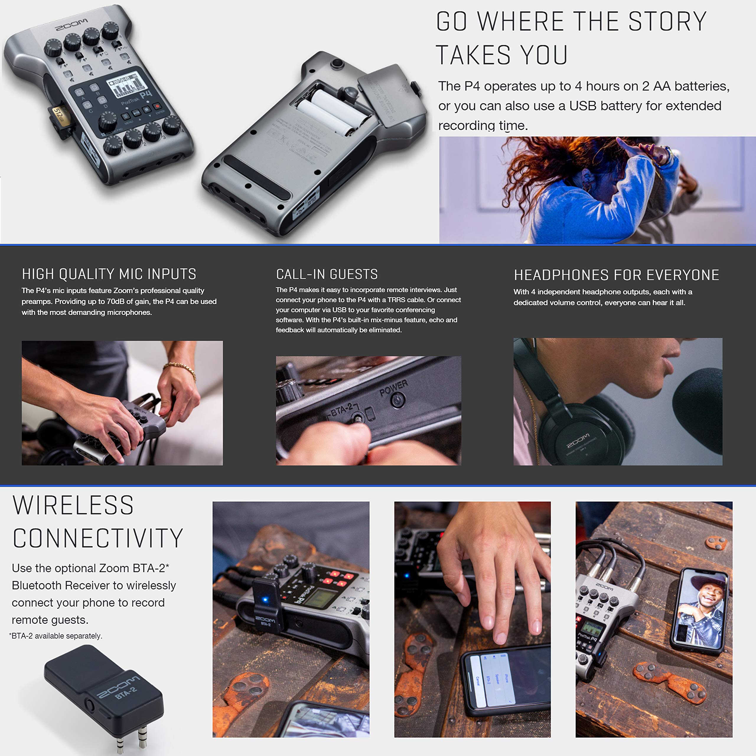 Zoom Podtrak P4 Portable Multitrack Podcast Recorder + 64Gb Sdxc Memory Card + 4X Dynamic Cardioid Handheld Mic + 4X Stereo Head