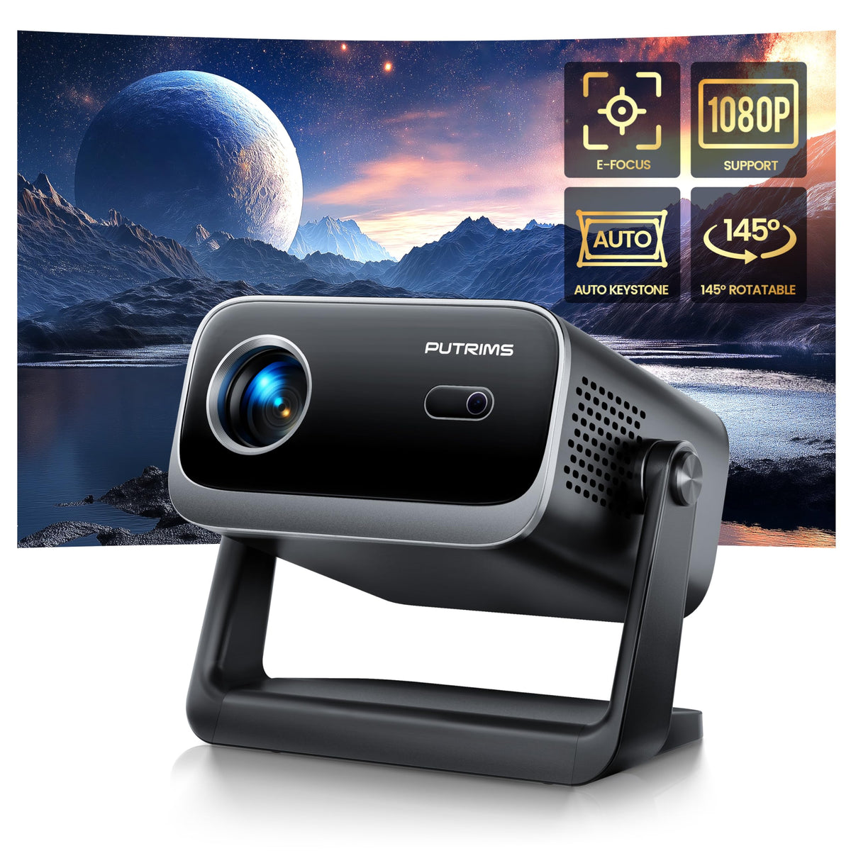 [Electric Focus & Auto Keystone] Mini Projector With Wifi Bluetooth, Putrims Portable 1080P Support Movie Projector 145 Rotatabl