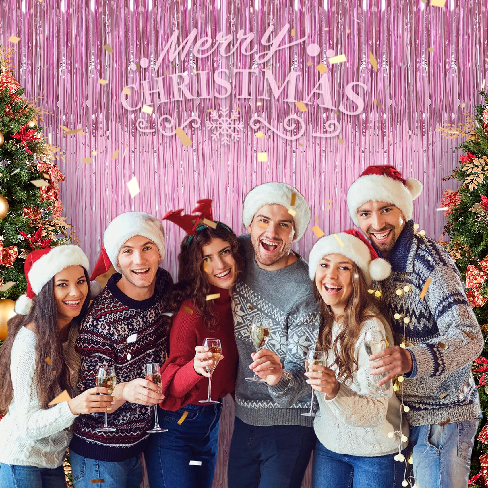 Tenlaitech Curtain Pink Foil Backdrop, 3 Pcs 3.3 X 9.9 Ft, For Galentines Day Decorations, Birthday, Graduation, Engagement Part